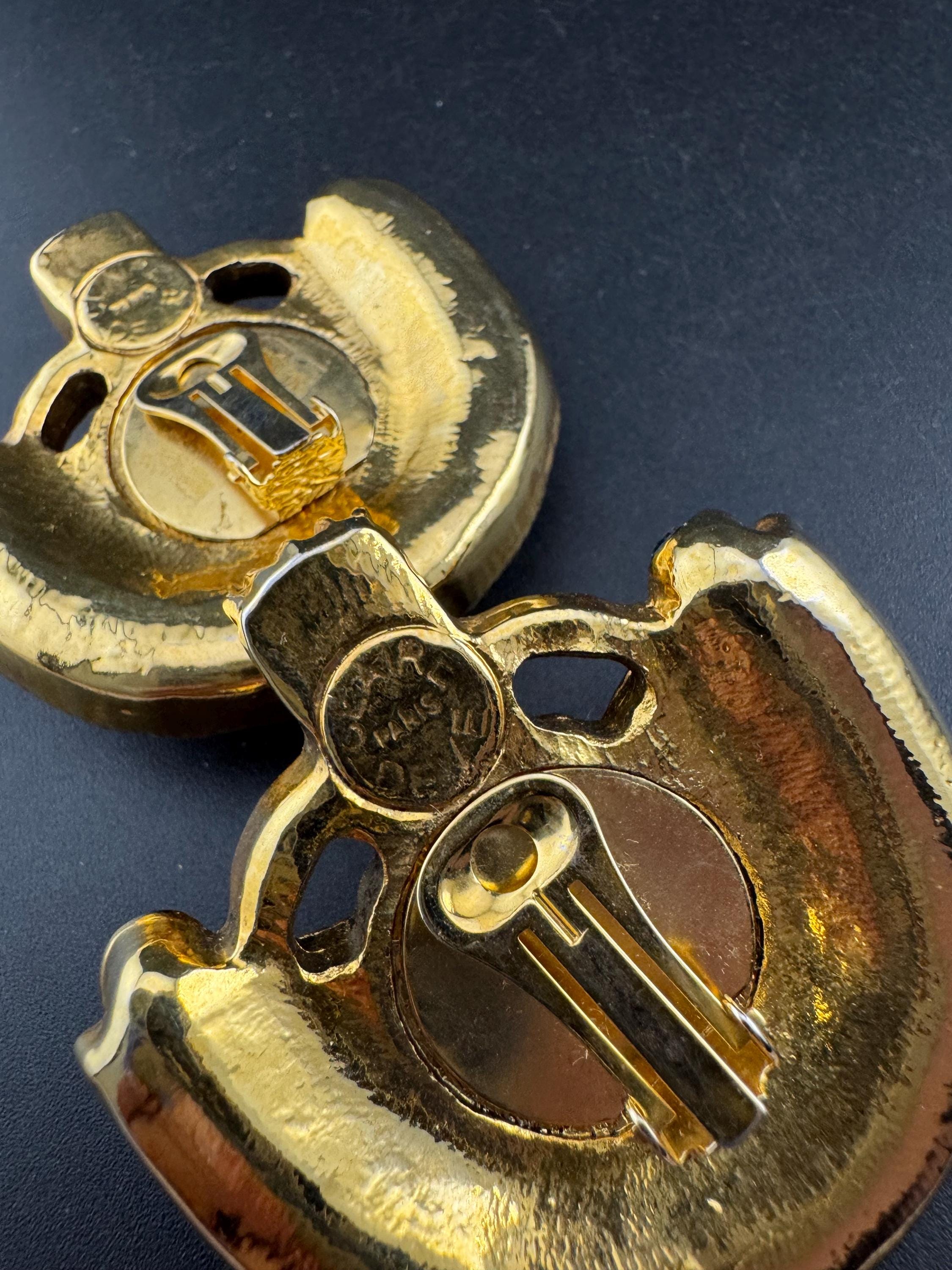 Signed 1980s Clare Deve Rhinestone Clip On Earrings: Paris Designer Resin Jewelry