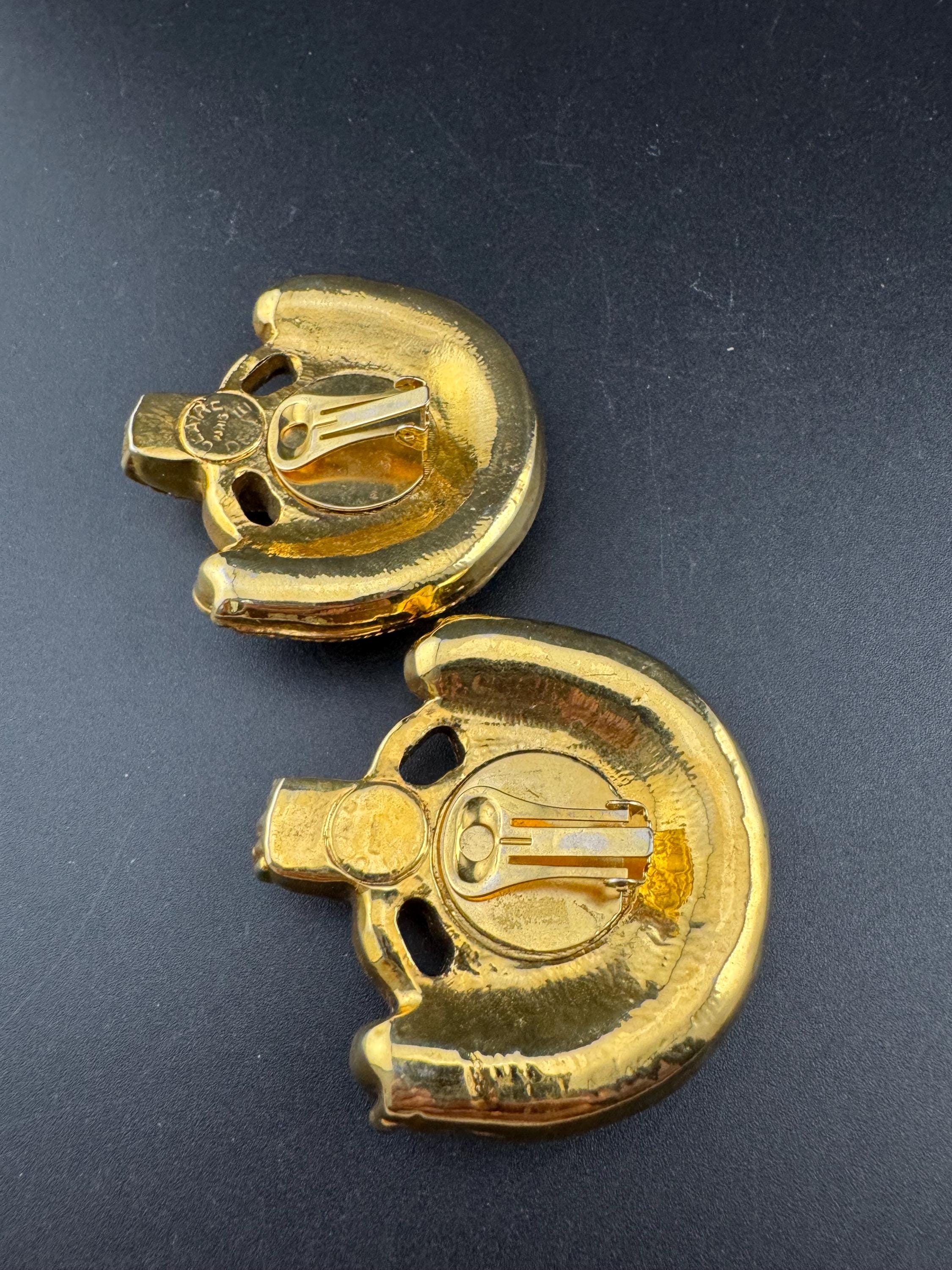 1980s signed Clare Deve huge high end oversized pair of grey rhinestone stud clip on earrings , Paris designer gold resin