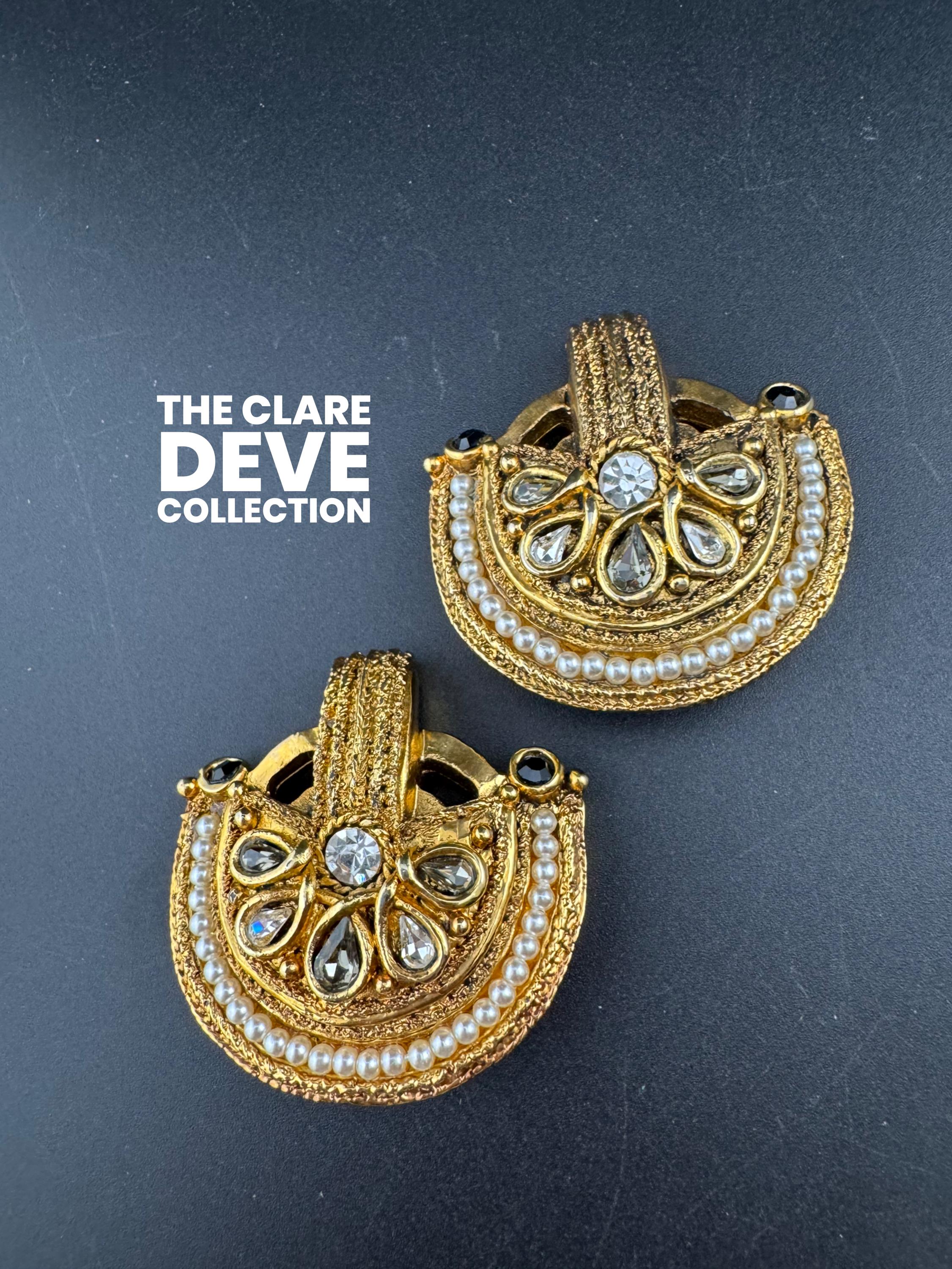 1980s signed Clare Deve huge high end oversized pair of grey rhinestone stud clip on earrings , Paris designer gold resin