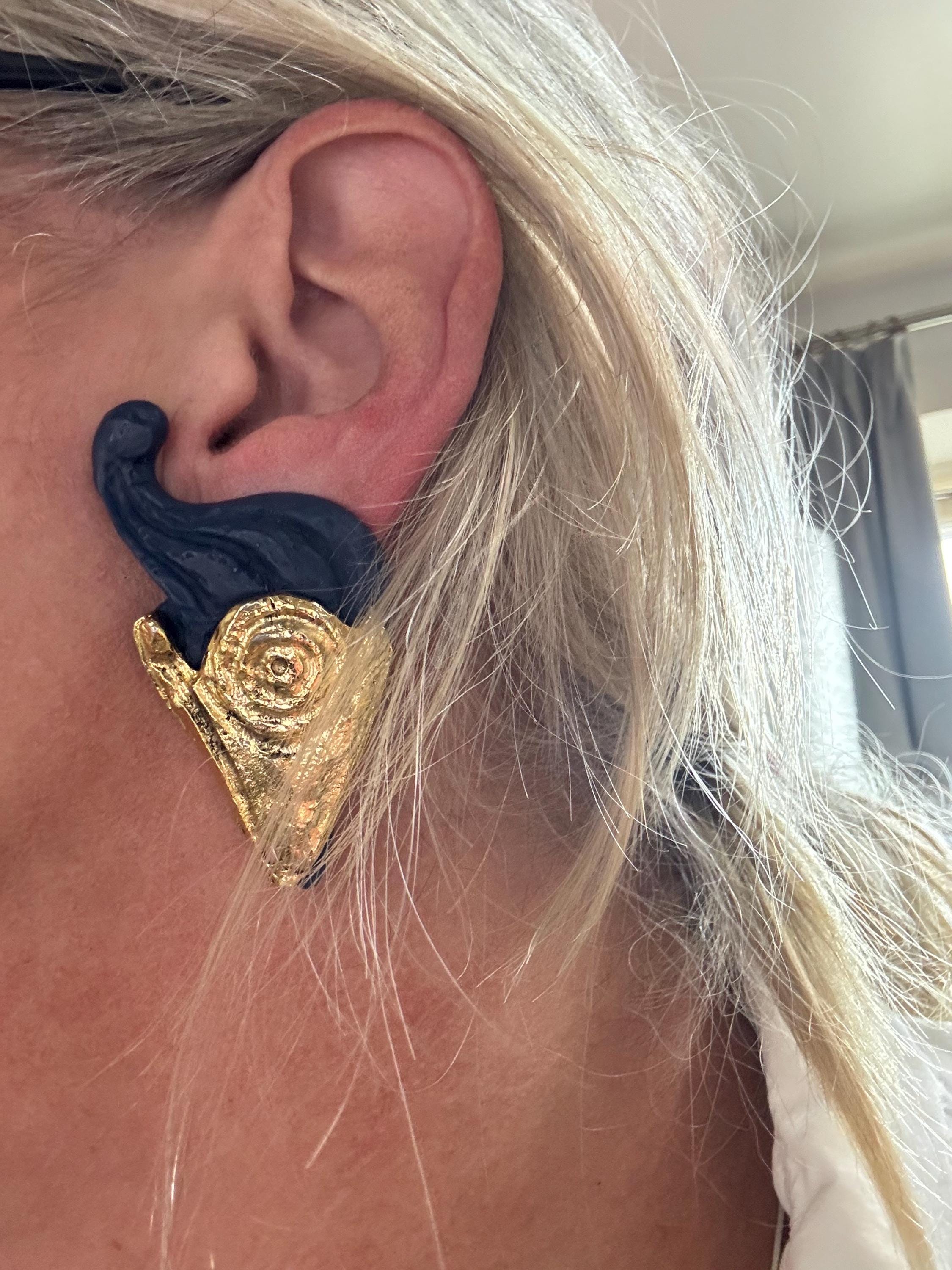 1980s signed Clare Deve for Claude Montana high end oversized pair of blue gold resin clip on earrings , Paris designer
