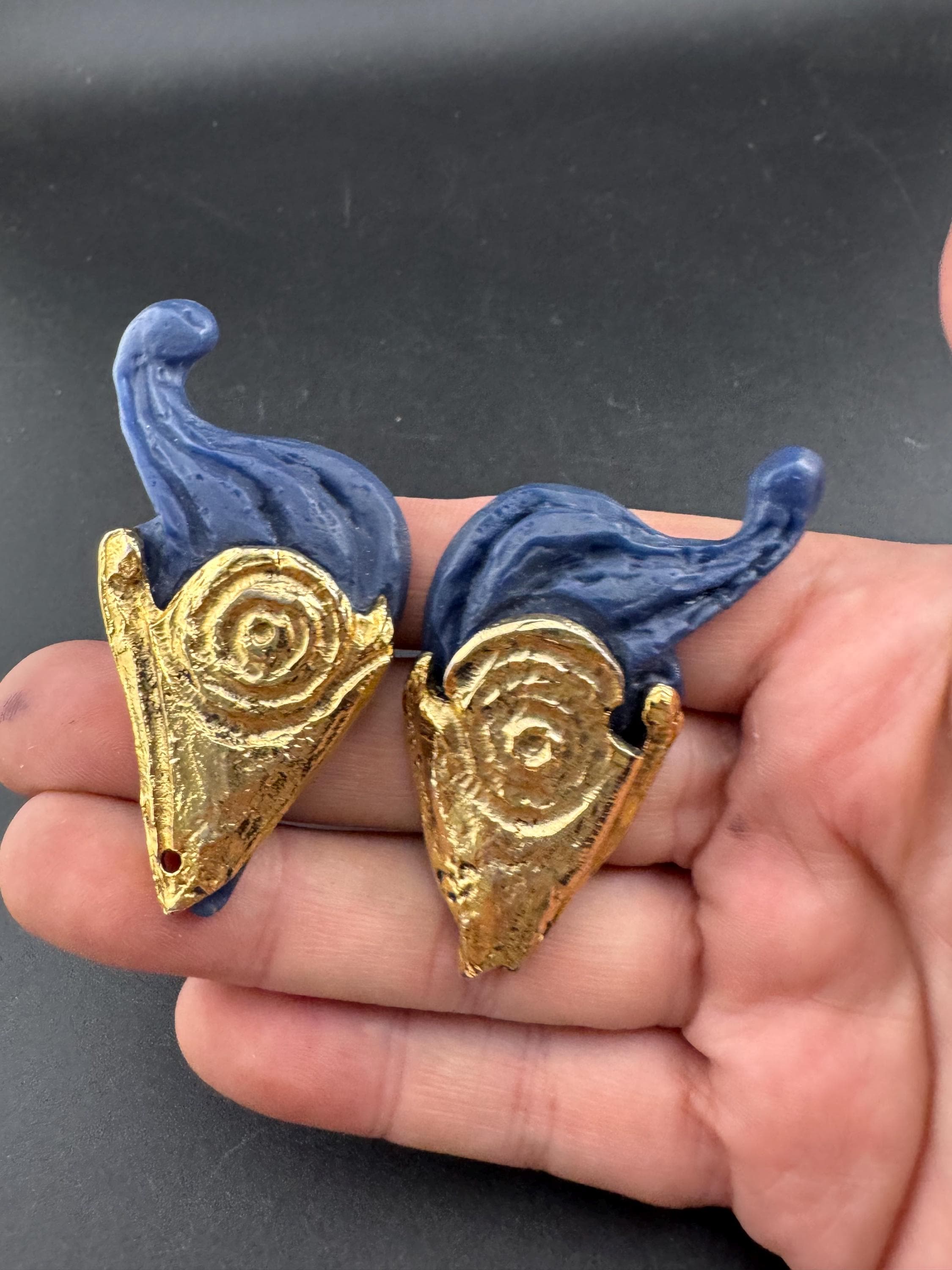 1980s signed Clare Deve for Claude Montana high end oversized pair of blue gold resin clip on earrings , Paris designer