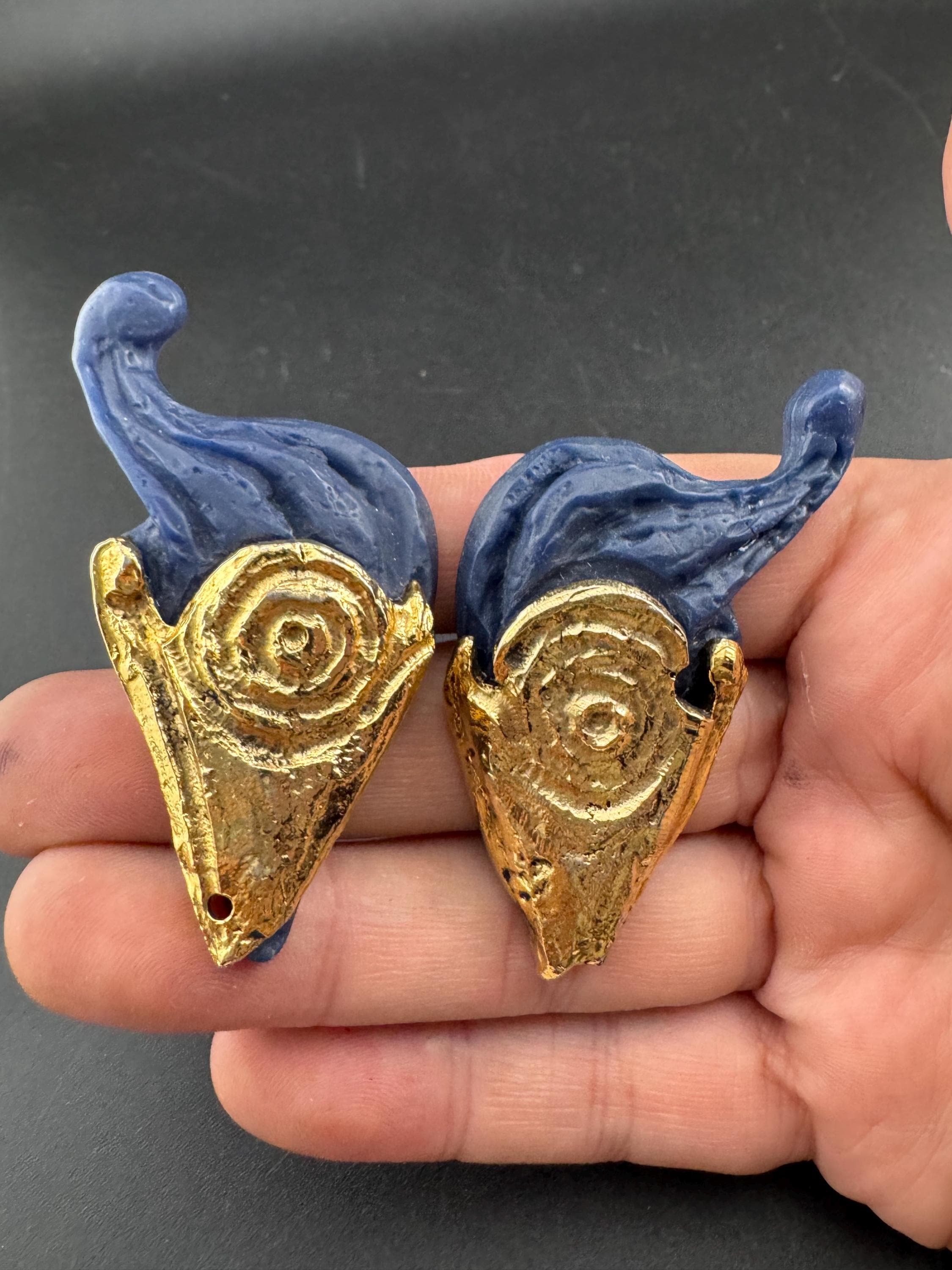 1980s signed Clare Deve for Claude Montana high end oversized pair of blue gold resin clip on earrings , Paris designer