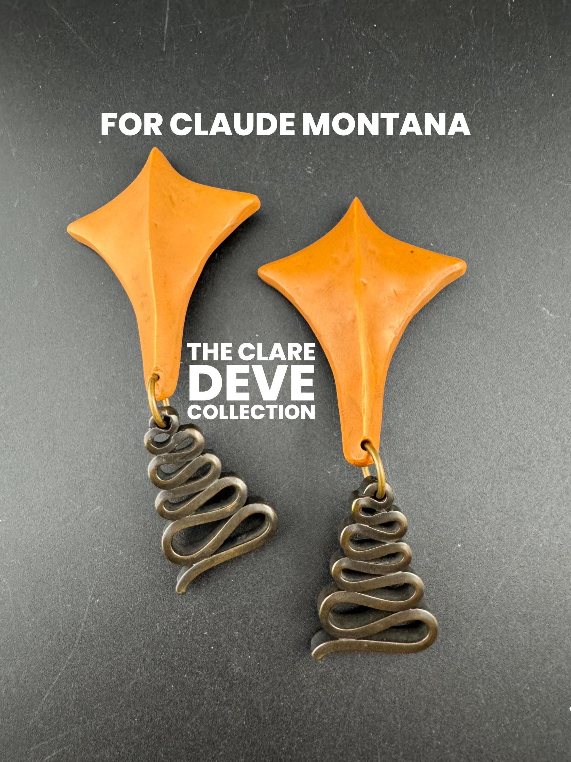 1980s signed Clare Deve for Claude Montana high end oversized pair of brown and tan resin clip on drop earrings , Paris designer