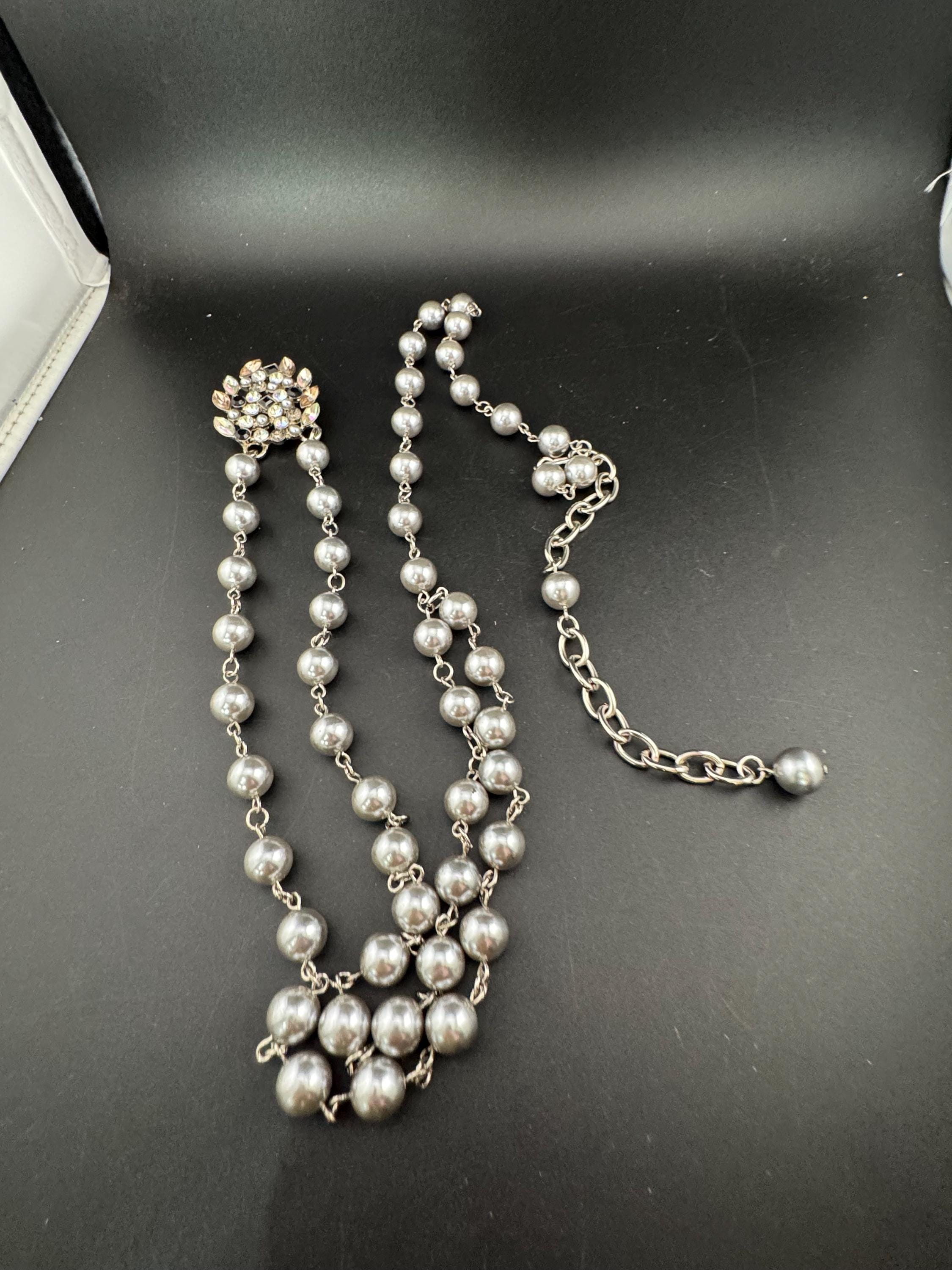 Vintage silver tone chain link adjustable fashion chain metal belt with grey faux pearls and rhinestone paste clasp 1990s statement