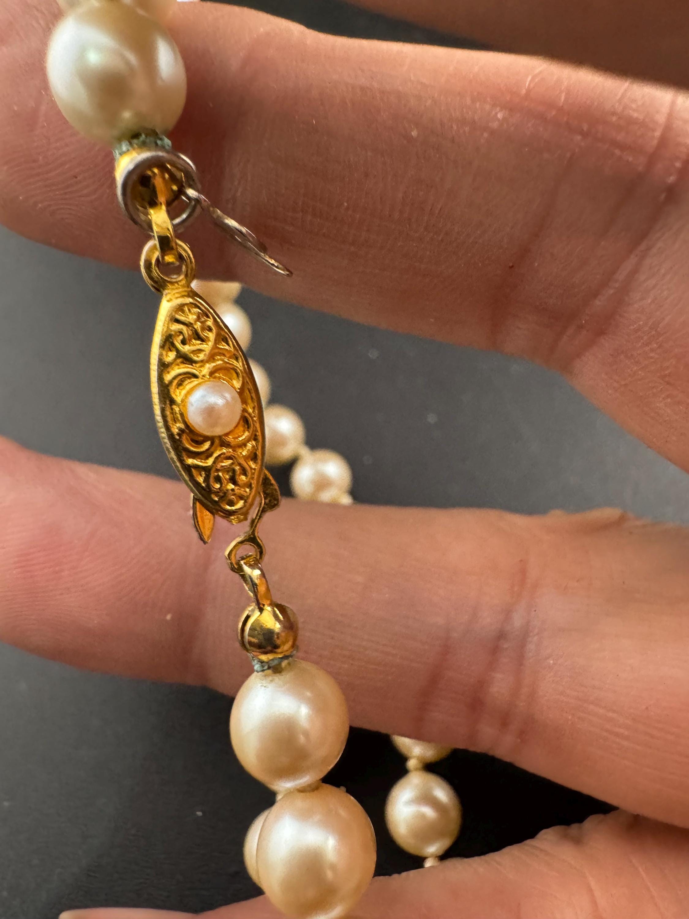 Signed Pierre Cardin Classic ivory glass pearl collar necklace, individually knotted beads 42cm gold tone