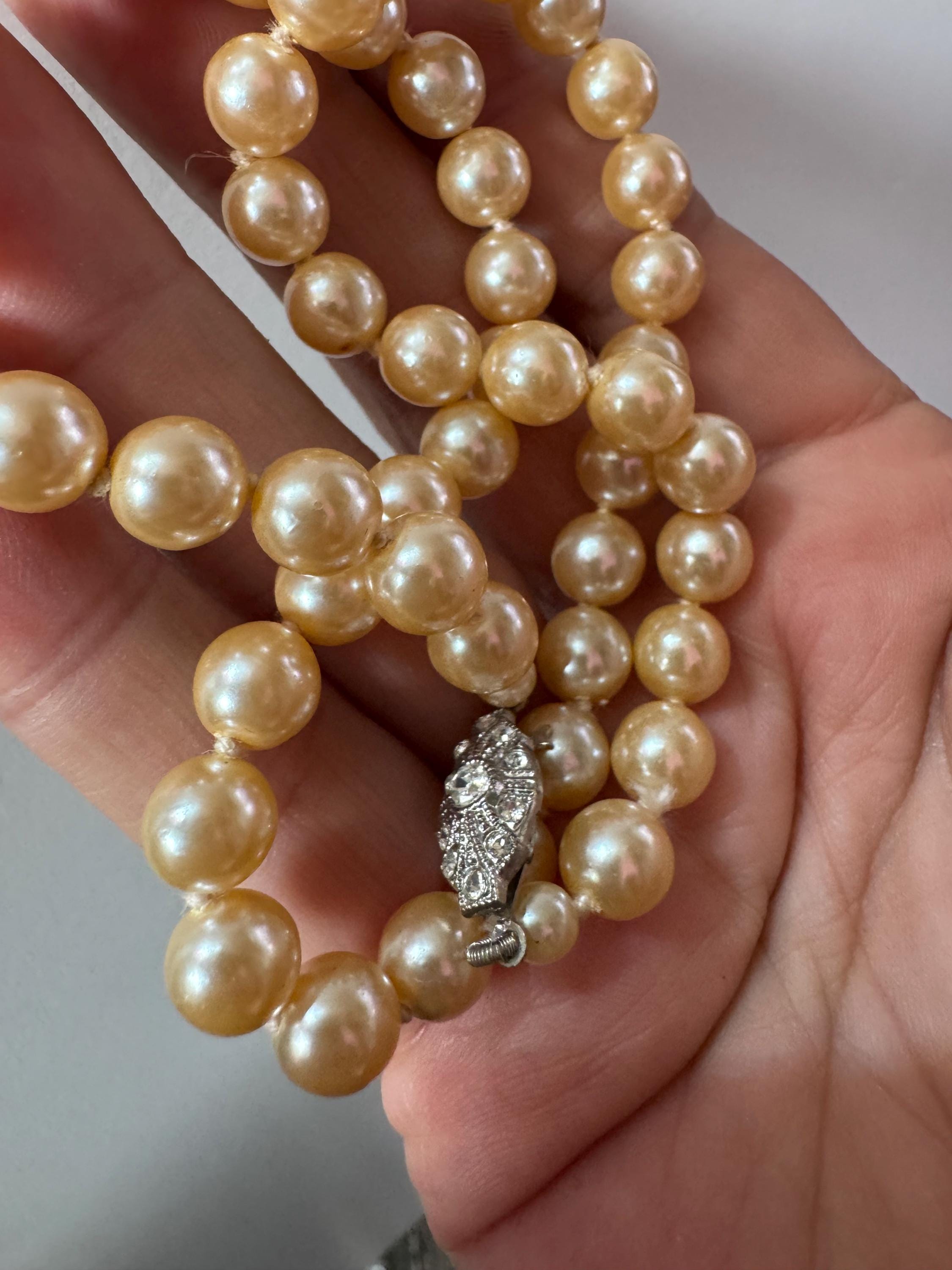 vintage cream glass pearl necklace silver tone rhinestone clasp 46cm graduated beads
