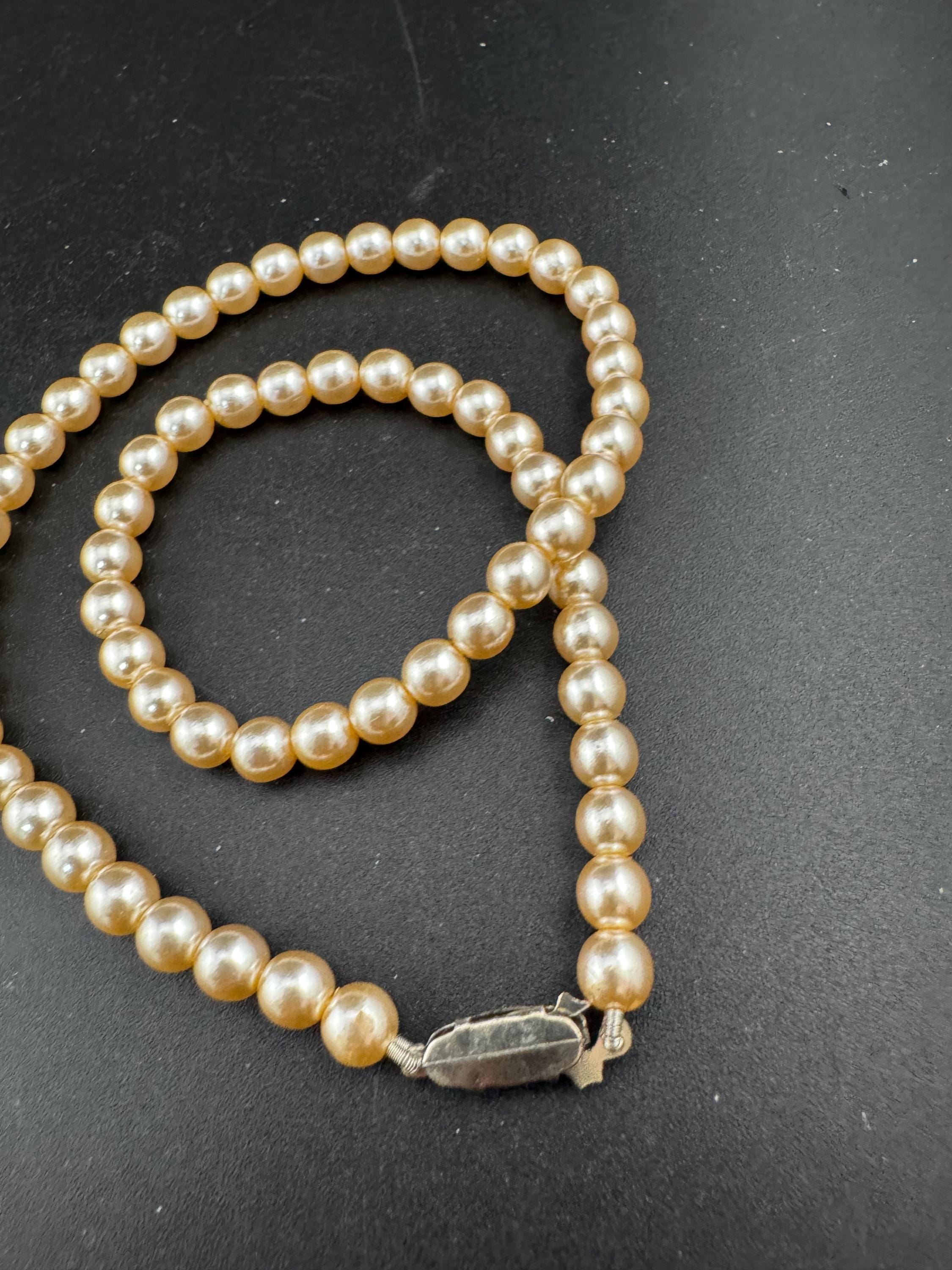 Petite fit vintage cream glass pearl necklace silver tone rhinestone clasp 40cm 6mm beads