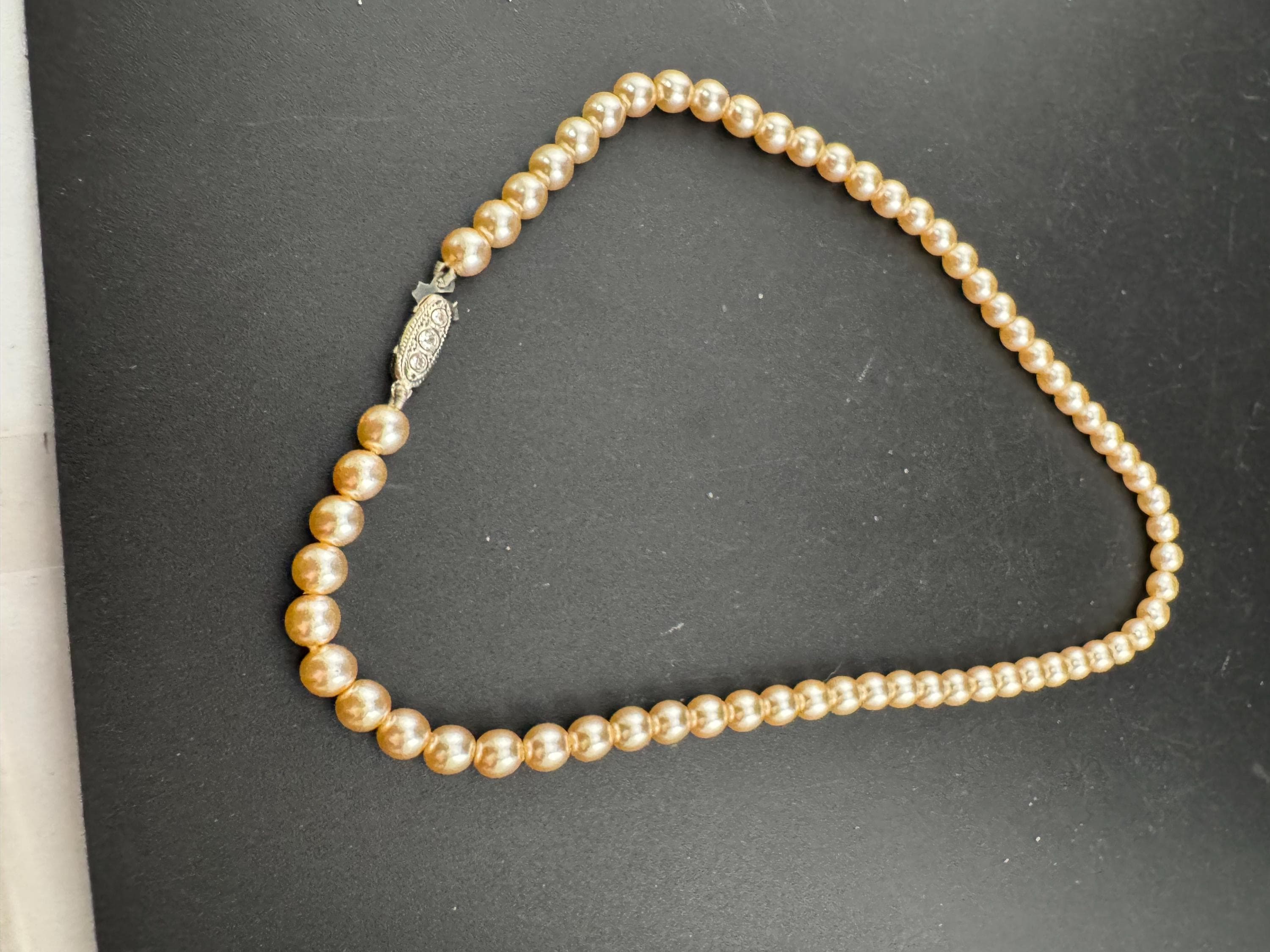 Petite fit vintage cream glass pearl necklace silver tone rhinestone clasp 40cm 6mm beads