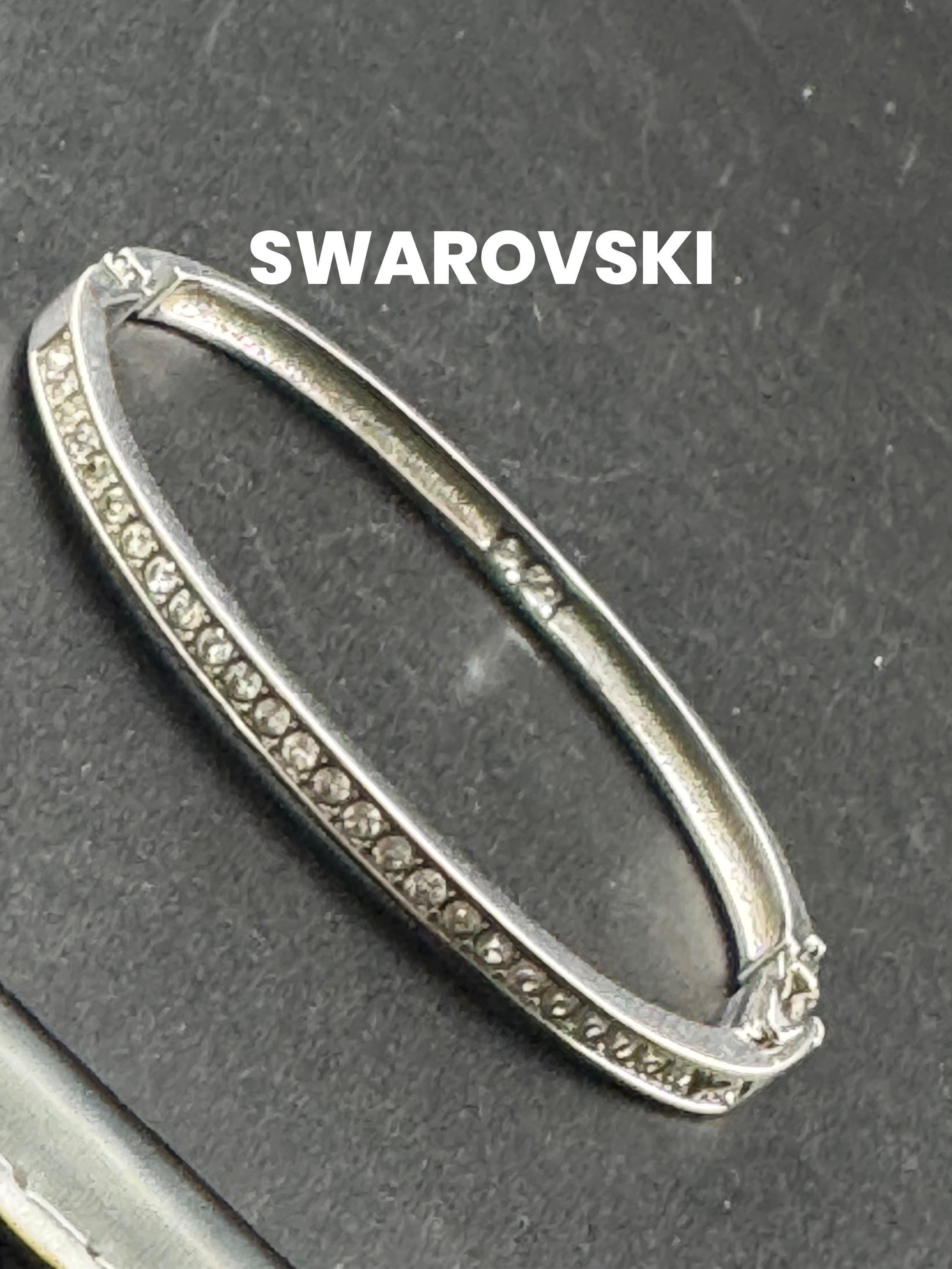 signed swan Swarovski crystal channel set slim silver plated clamper bangle