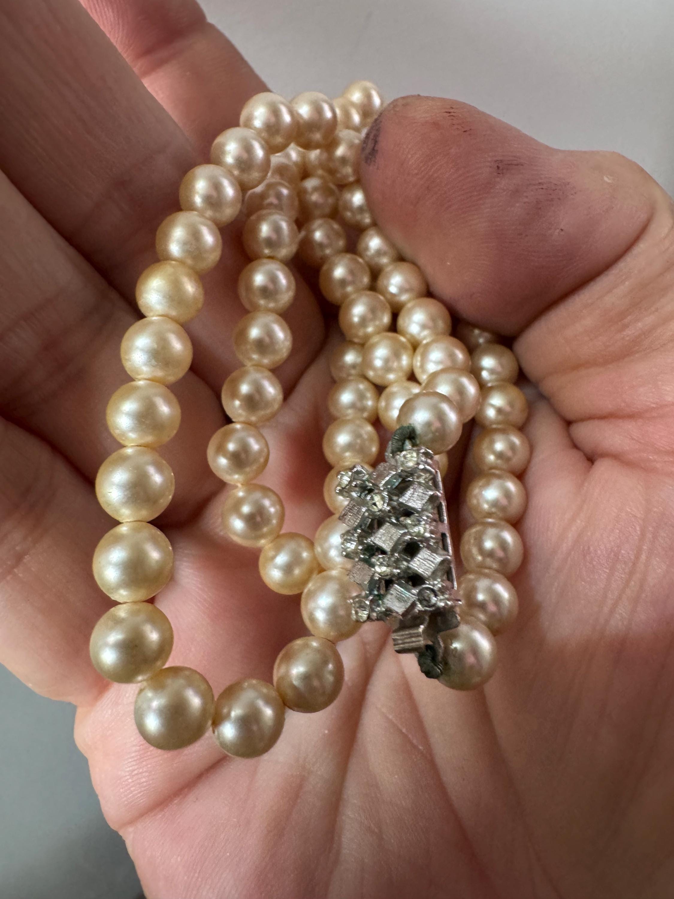 vintage cream glass pearl necklace silver tone rhinestone clasp 46cm 7mm beads
