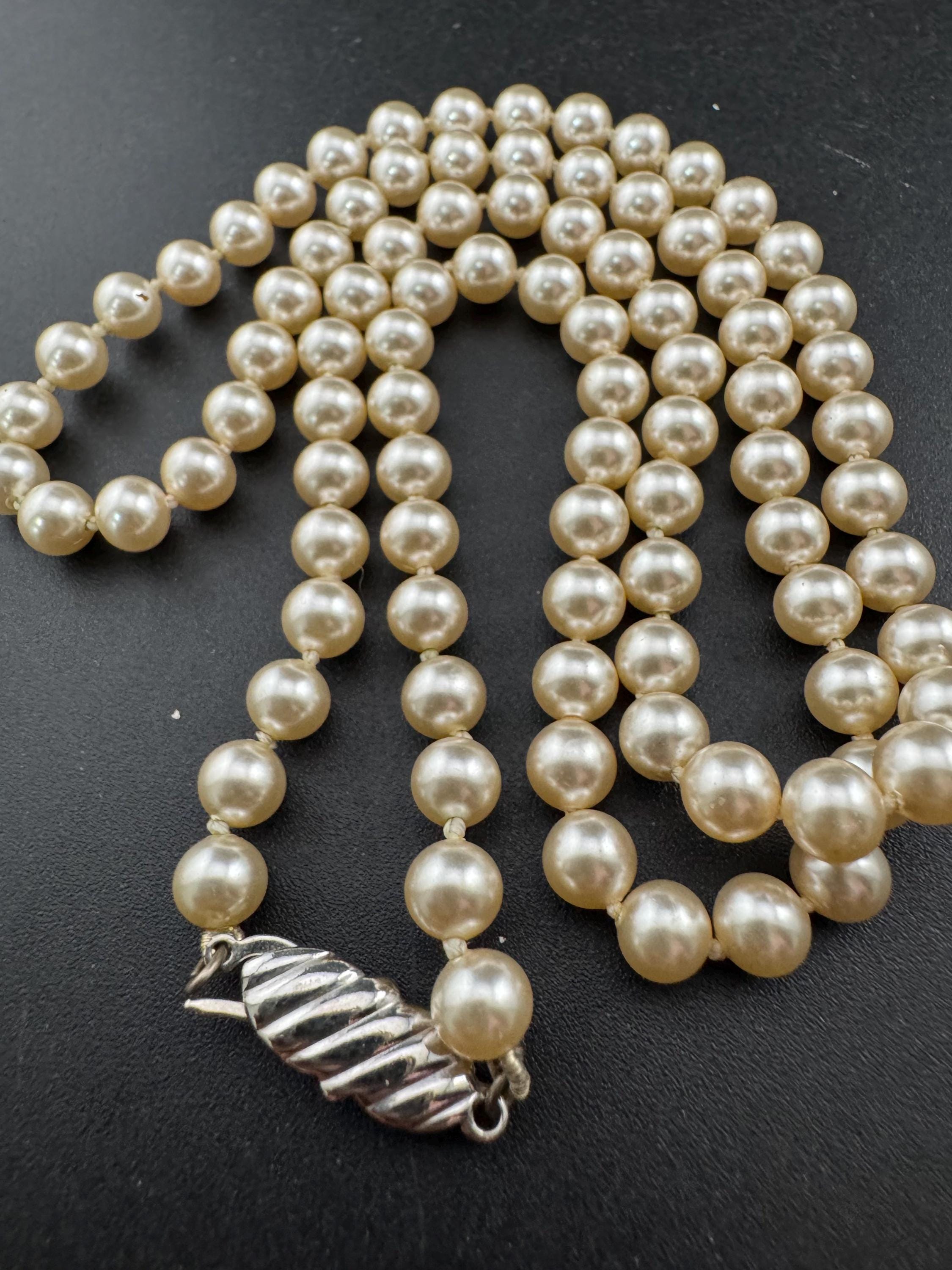 vintage cream knotted glass pearl necklace silver tone clasp 60cm 6mm beads