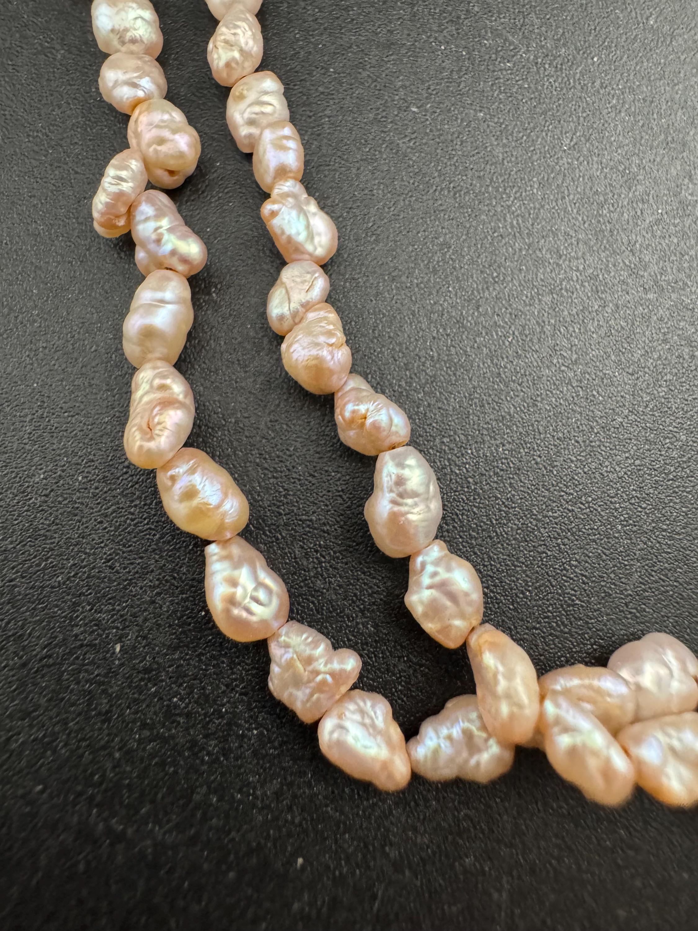 Vintage 2 row natural real freshwater pink rice Pearl seed beaded necklace with silver tone clasp 42cm