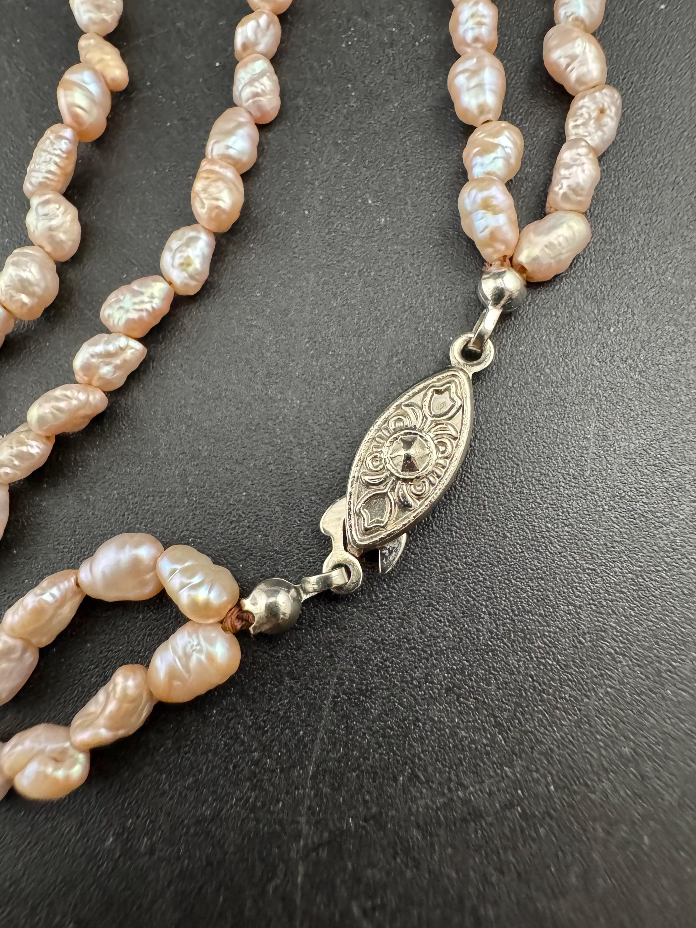 Vintage 2 row natural real freshwater pink rice Pearl seed beaded necklace with silver tone clasp 42cm