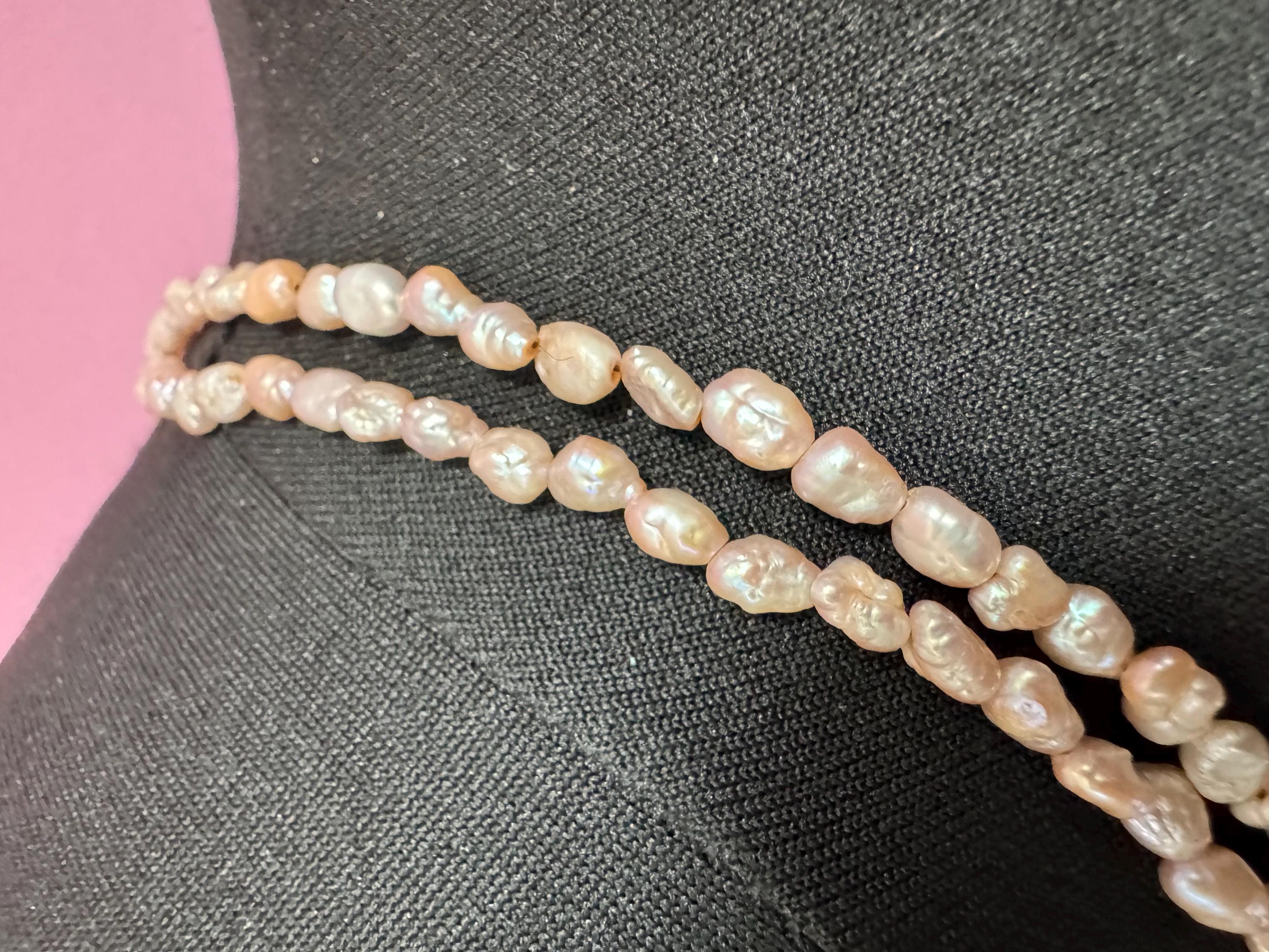 Vintage 2 row natural real freshwater pink rice Pearl seed beaded necklace with silver tone clasp 42cm