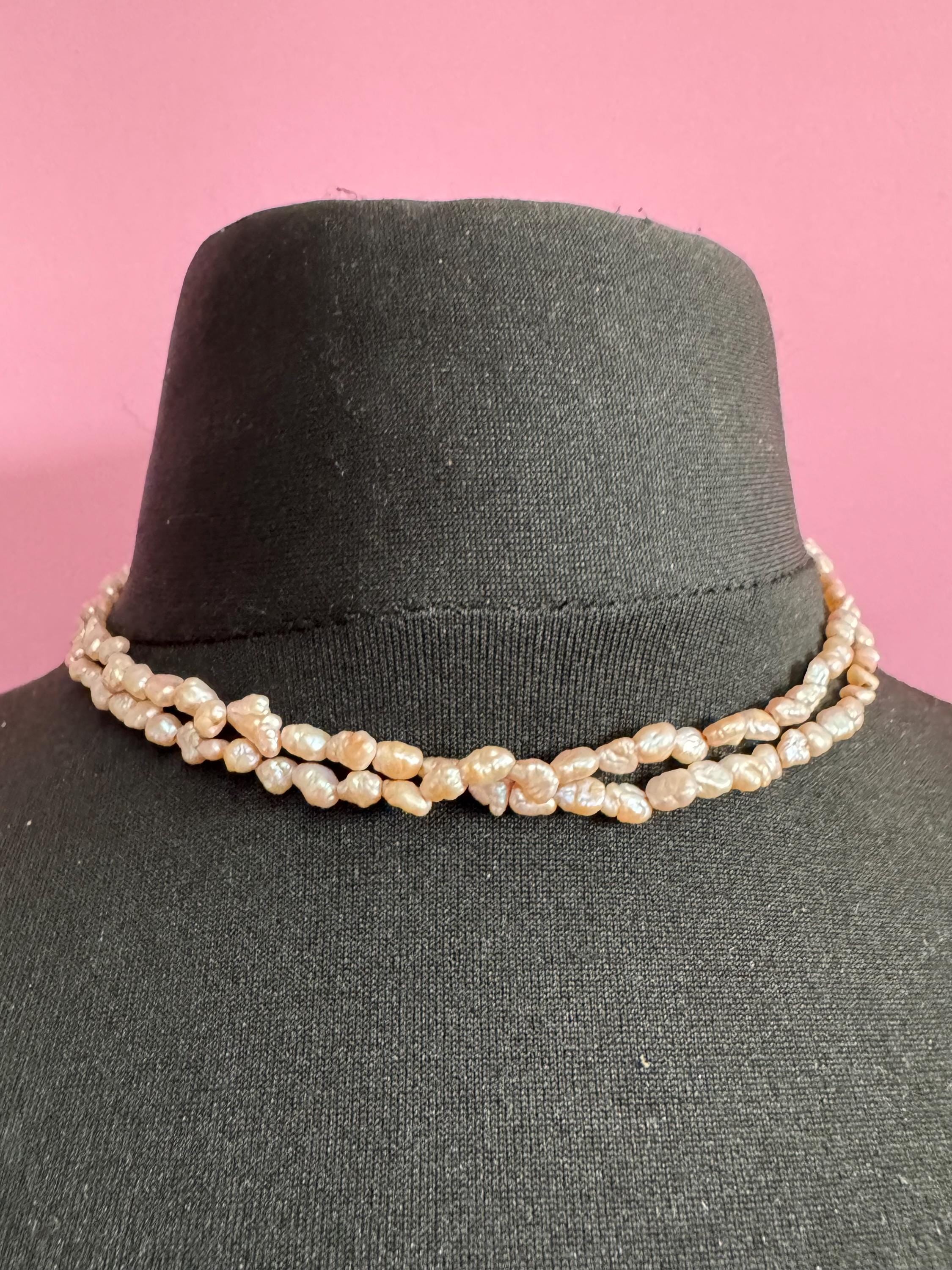 Vintage 2 row natural real freshwater pink rice Pearl seed beaded necklace with silver tone clasp 42cm