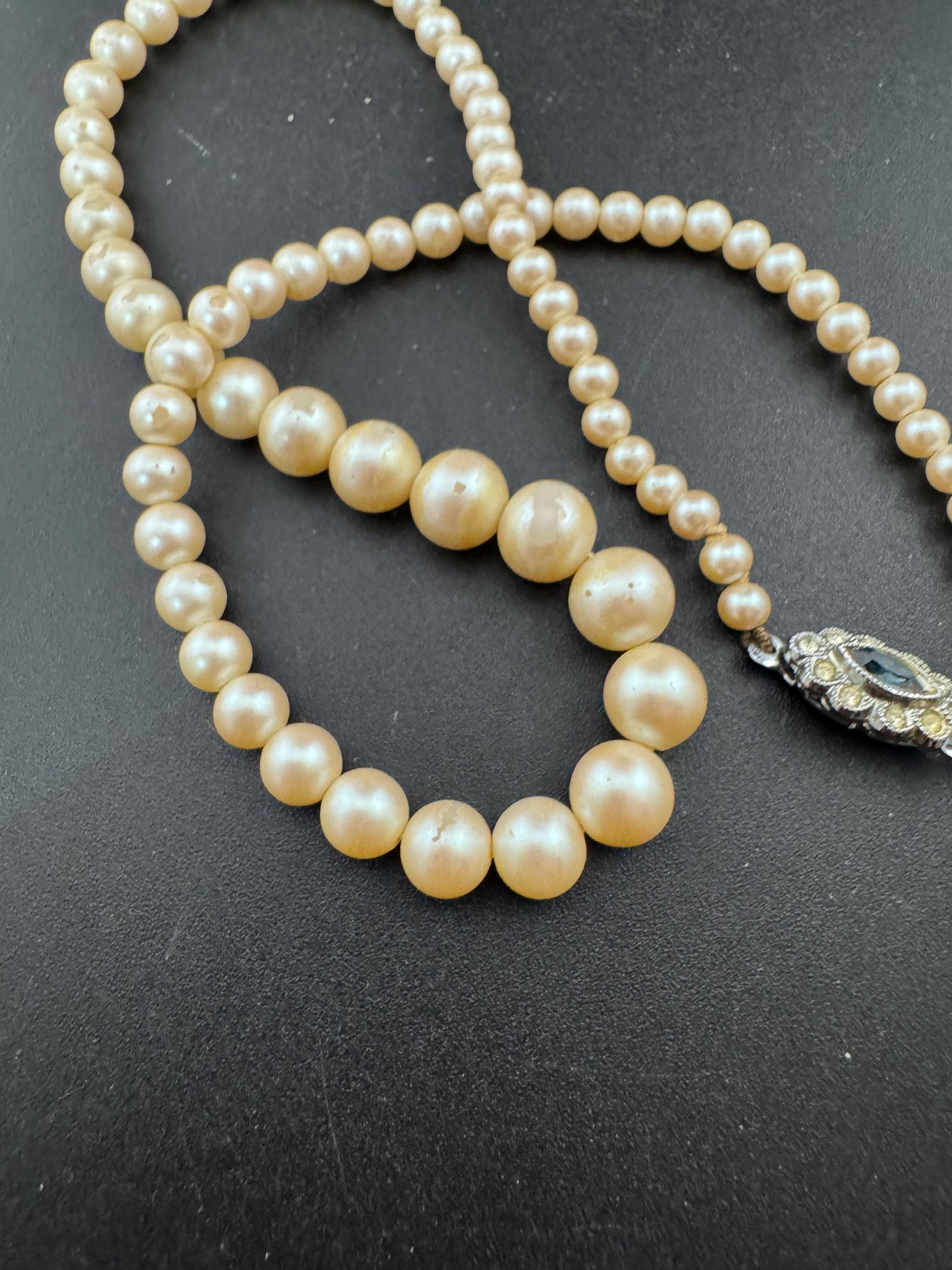 vintage cream glass pearl necklace silver tone sapphire rhinestone clasp 42cm graduated beads