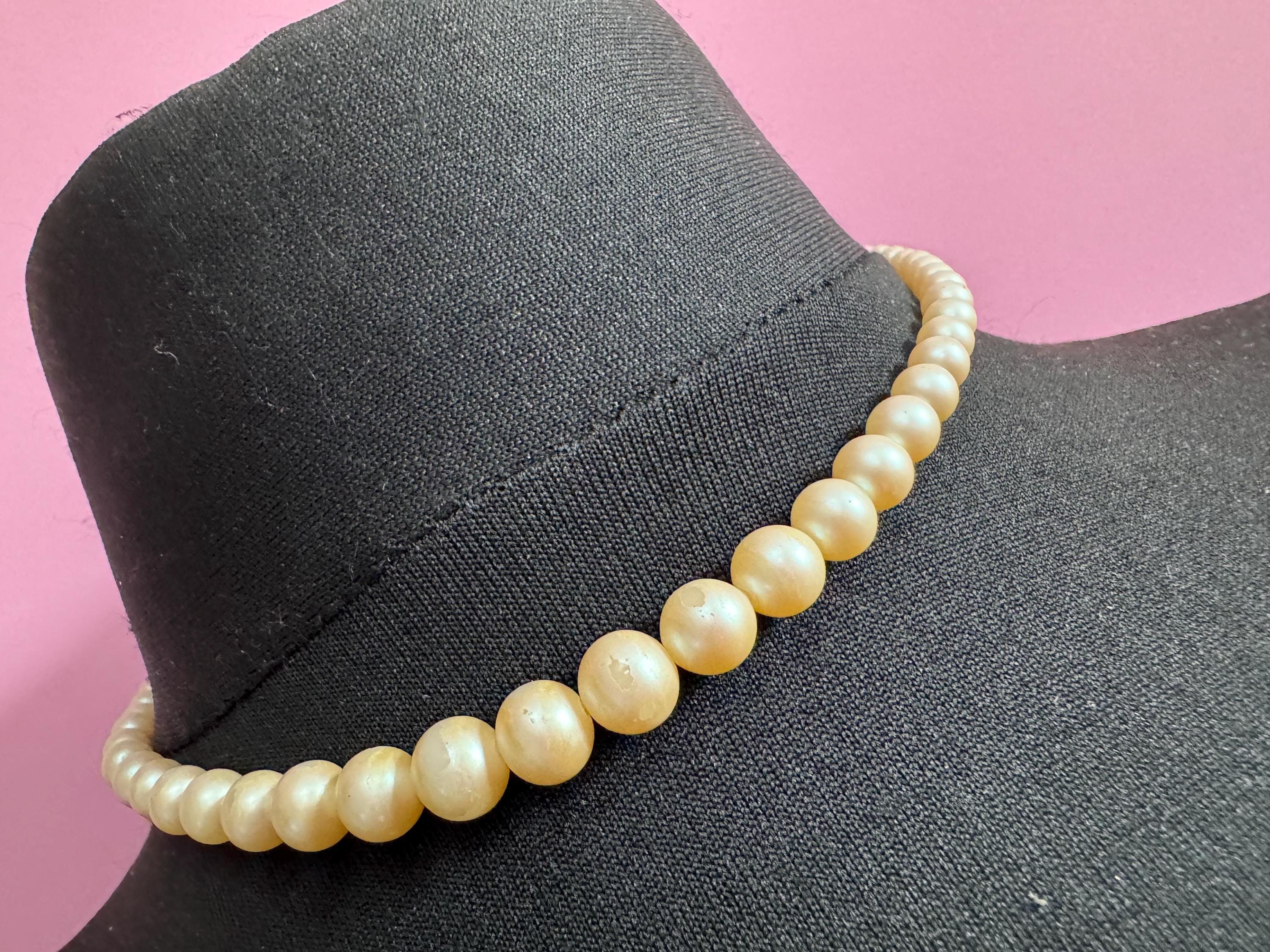 vintage cream glass pearl necklace silver tone sapphire rhinestone clasp 42cm graduated beads