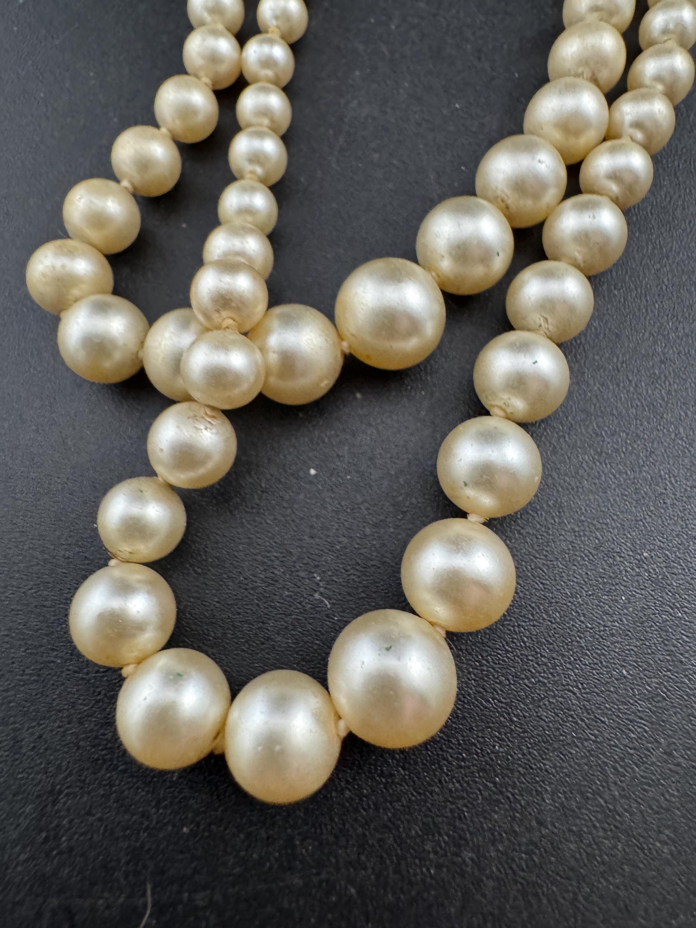Signed lotus vintage 2 row double strand glass Pearl necklace light cream 42cm 925 silver clasp with safety chain