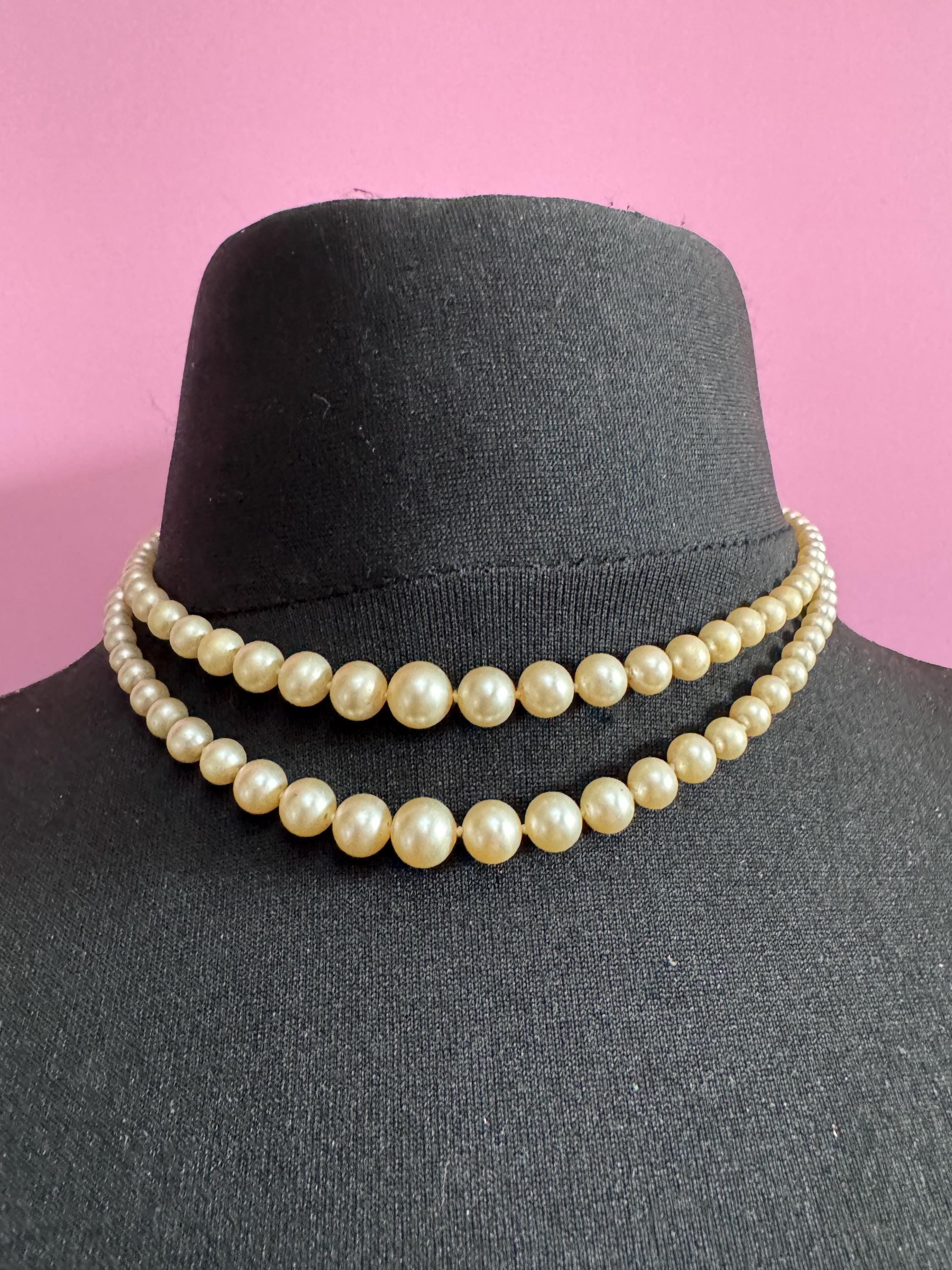 Signed lotus vintage 2 row double strand glass Pearl necklace light cream 42cm 925 silver clasp with safety chain