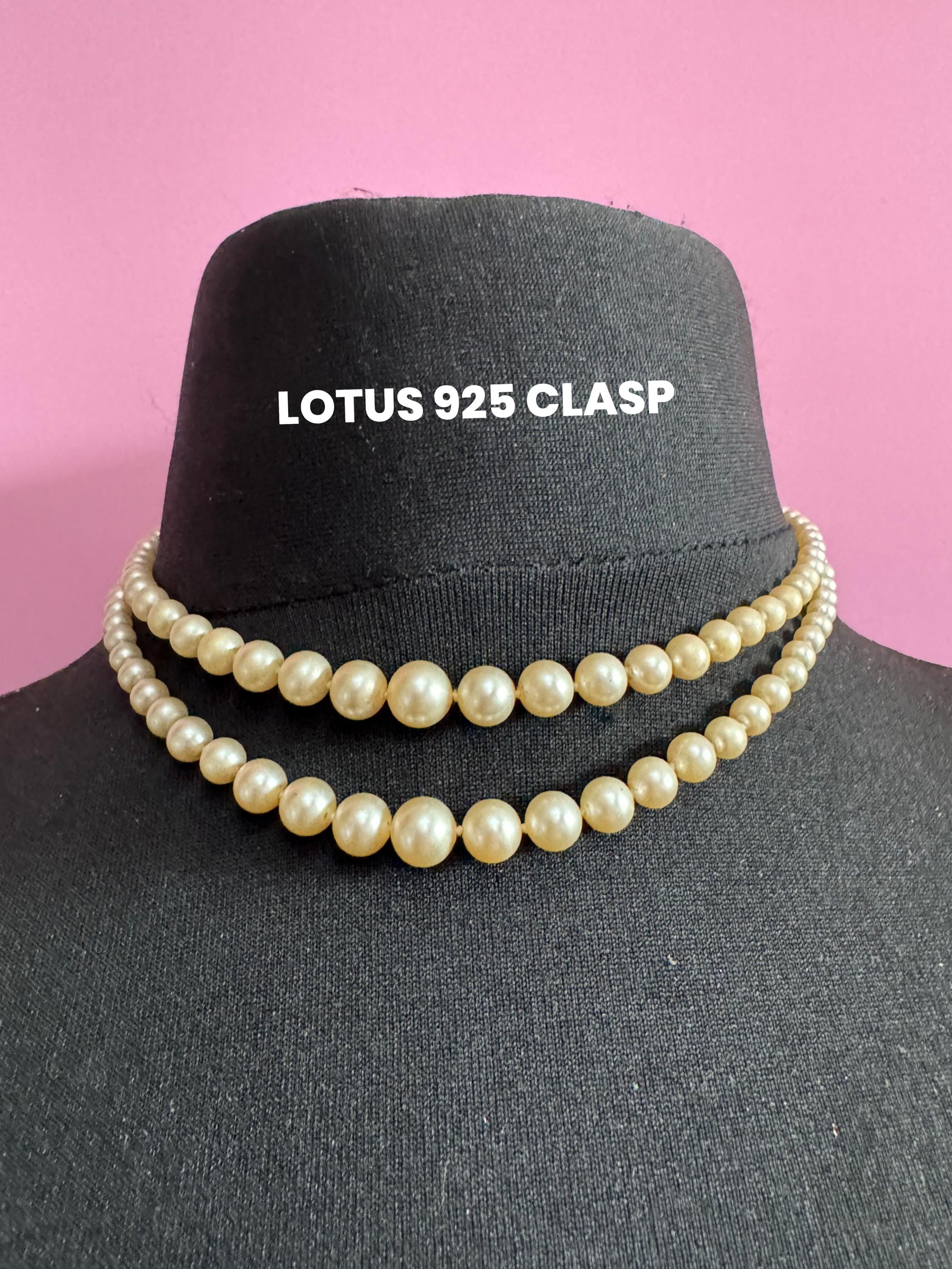 Signed lotus vintage 2 row double strand glass Pearl necklace light cream 42cm 925 silver clasp with safety chain