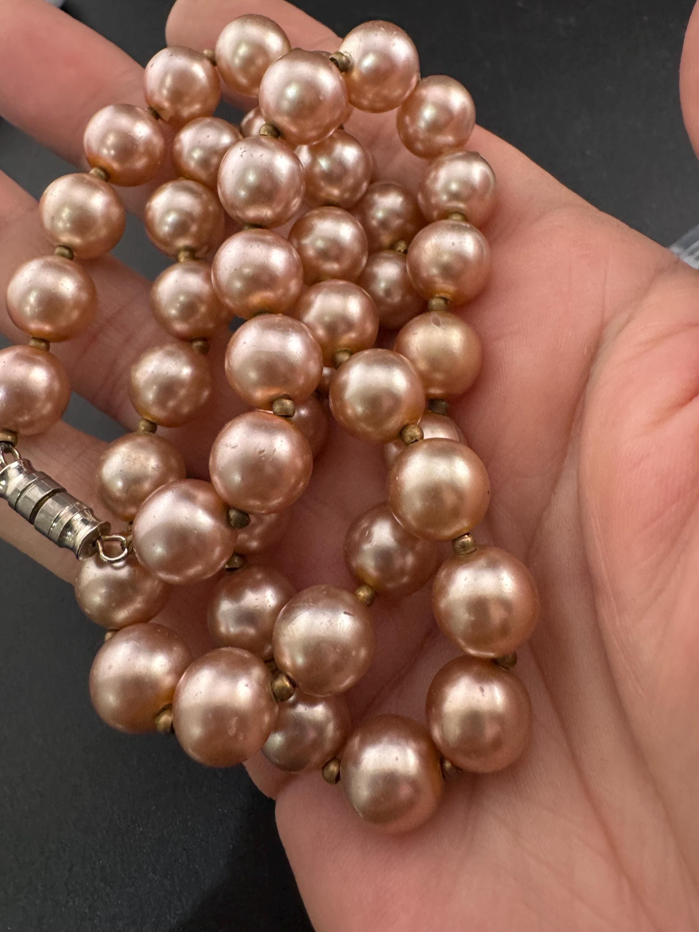 chunky pink tone spacer beaded 1cm glass pearl short necklace, Vintage 54cm single strand, row of pearls silver tone barrel clasp