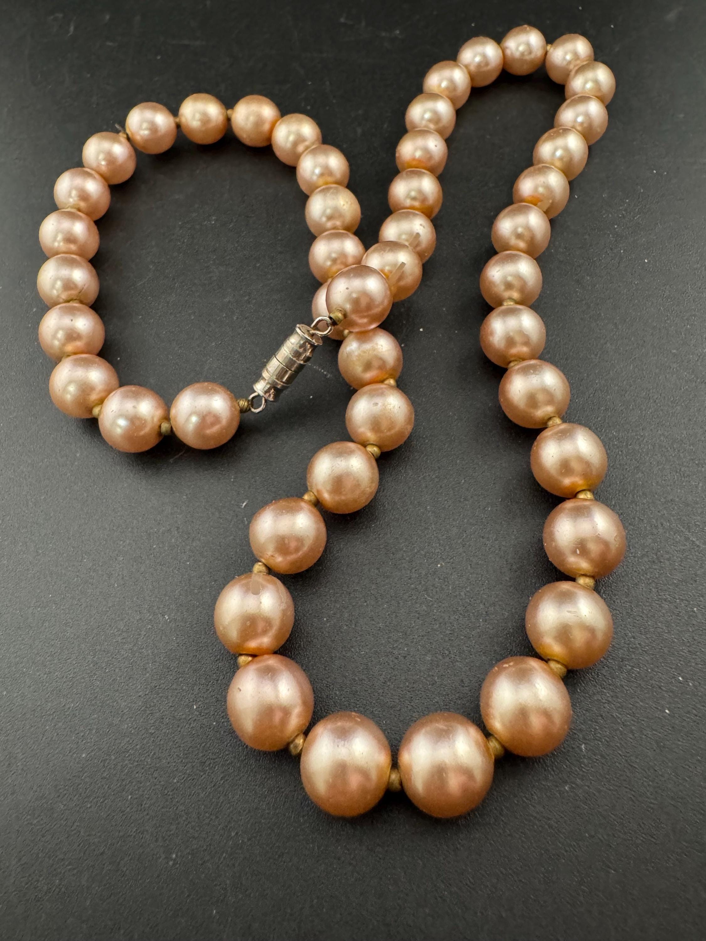 chunky pink tone spacer beaded 1cm glass pearl short necklace, Vintage 54cm single strand, row of pearls silver tone barrel clasp