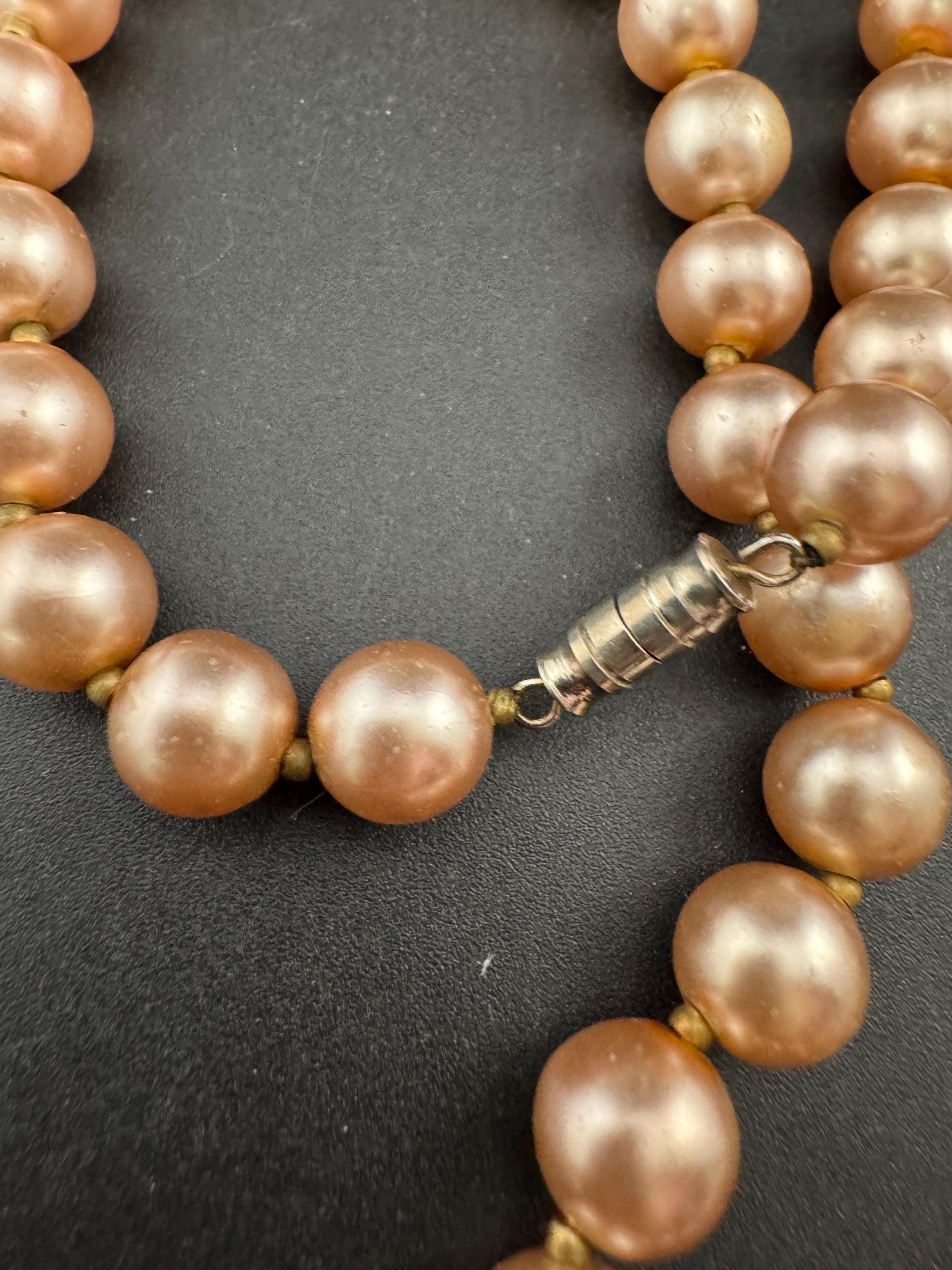 chunky pink tone spacer beaded 1cm glass pearl short necklace, Vintage 54cm single strand, row of pearls silver tone barrel clasp