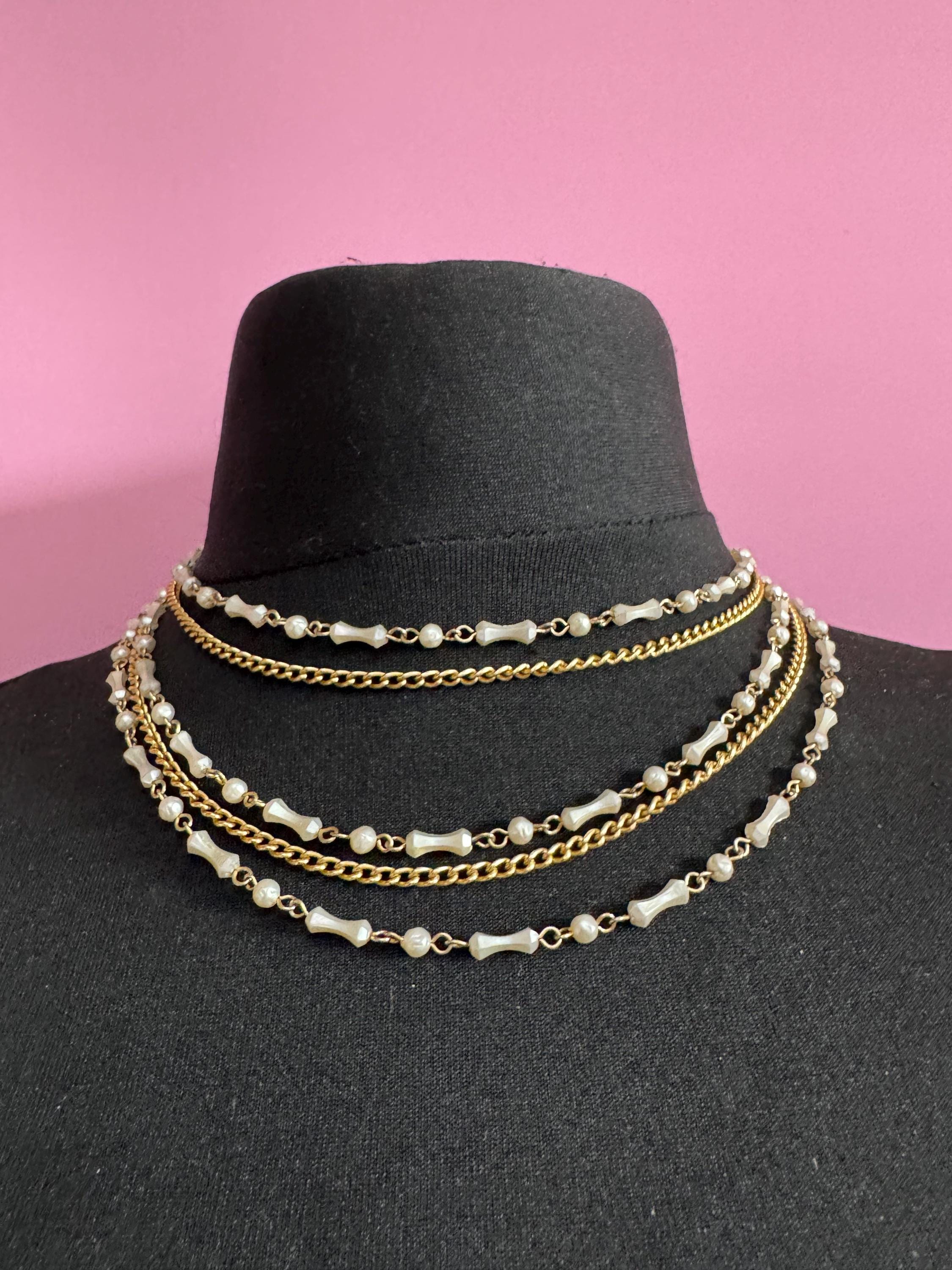 Vintage gold tone chain multi strand cream pearl beaded choker waterfall necklace