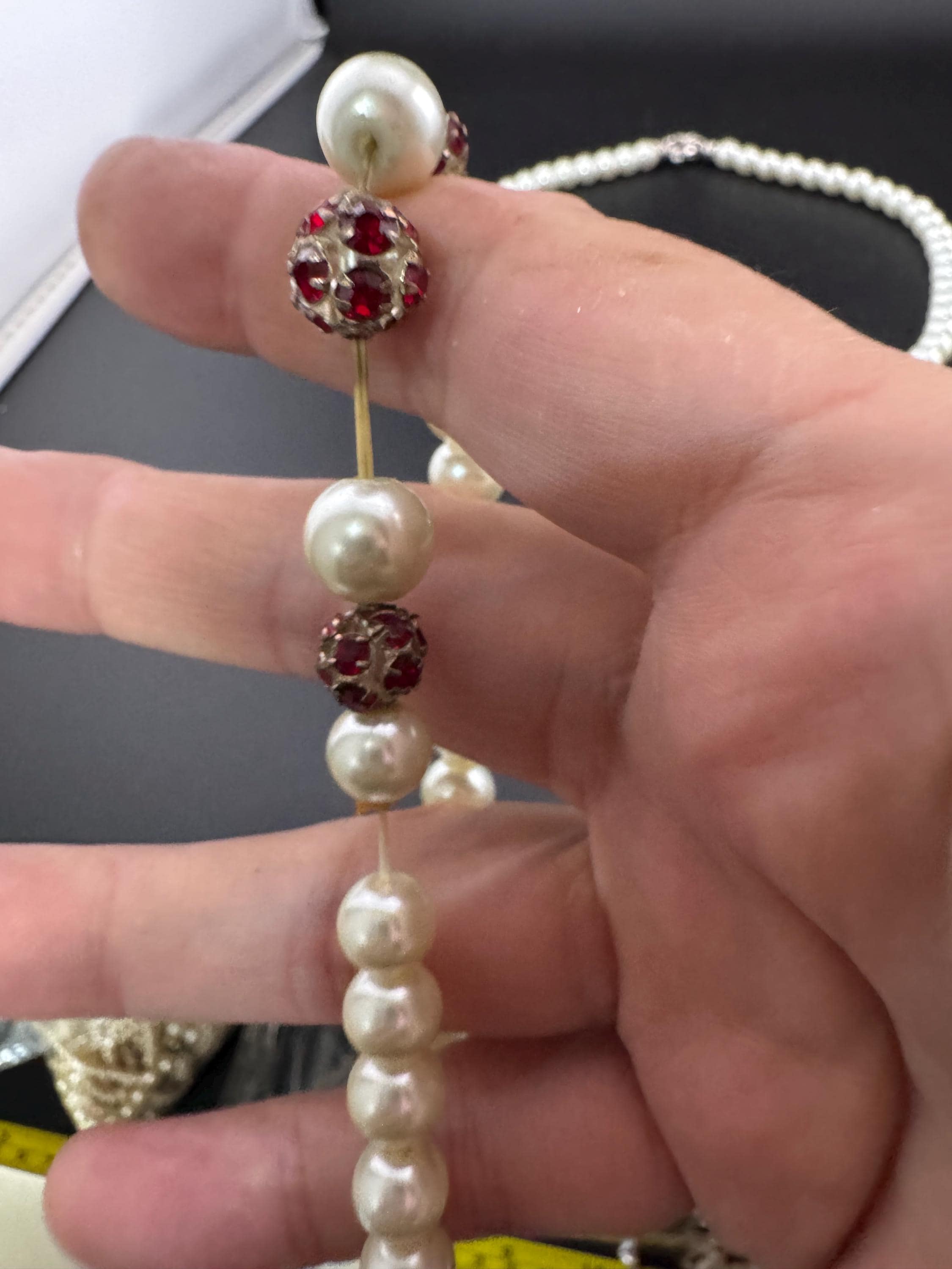Vintage white glass pearl necklace and matching bracelet jewellery set with ruby rhinestone crystal ball beads