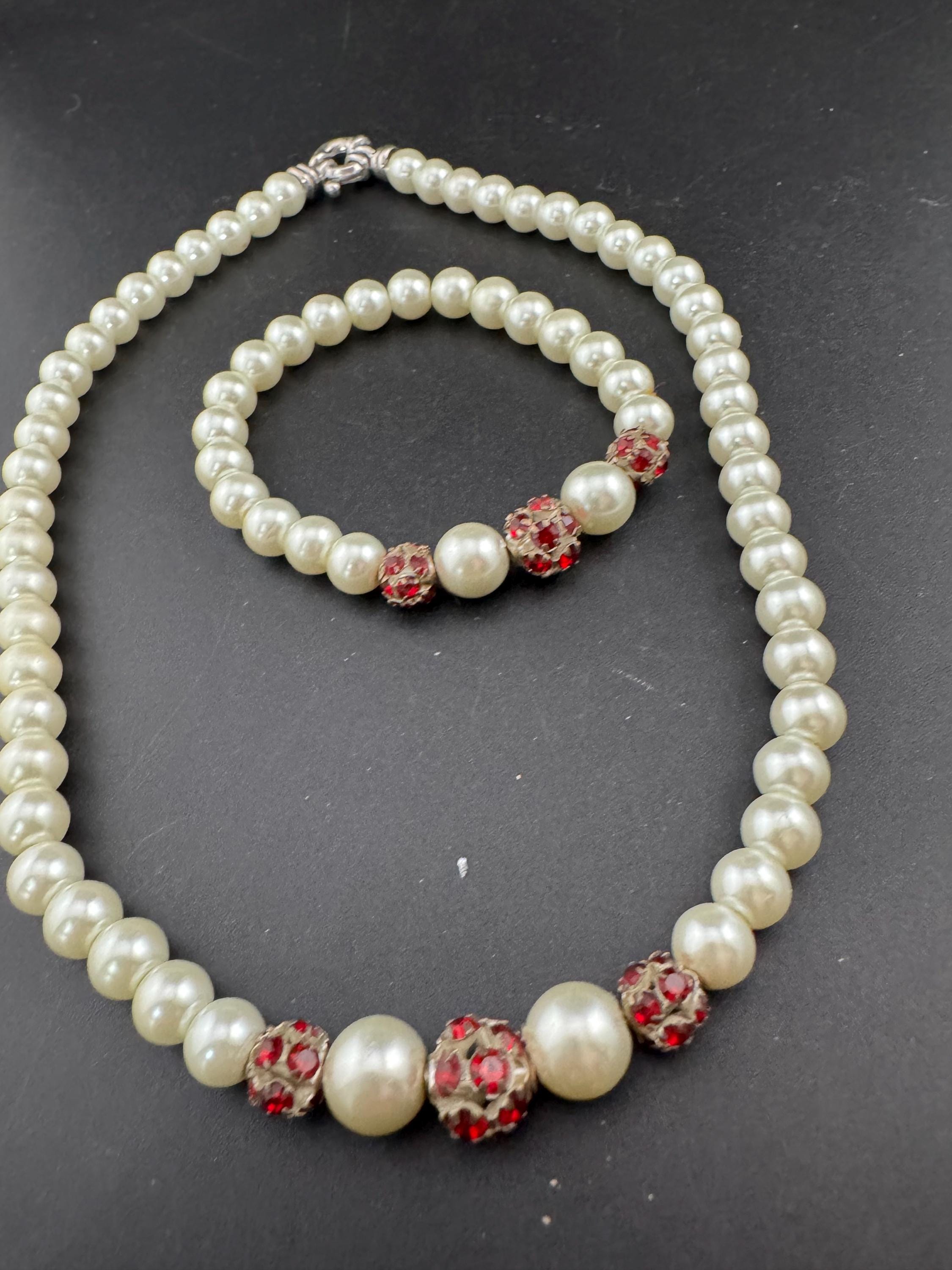 Vintage white glass pearl necklace and matching bracelet jewellery set with ruby rhinestone crystal ball beads