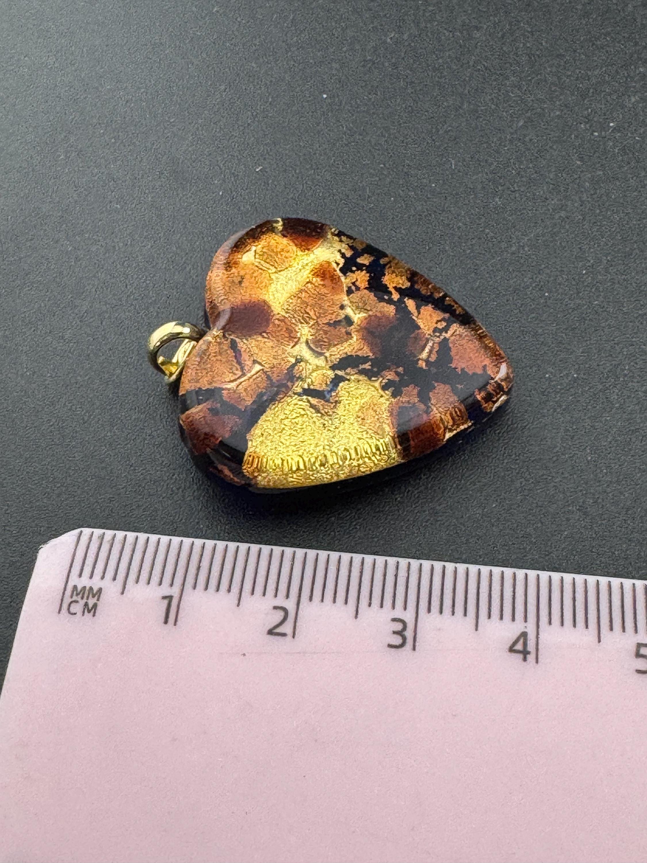 Vintage signed Murano glass brown gold and purple love heart glass pendant