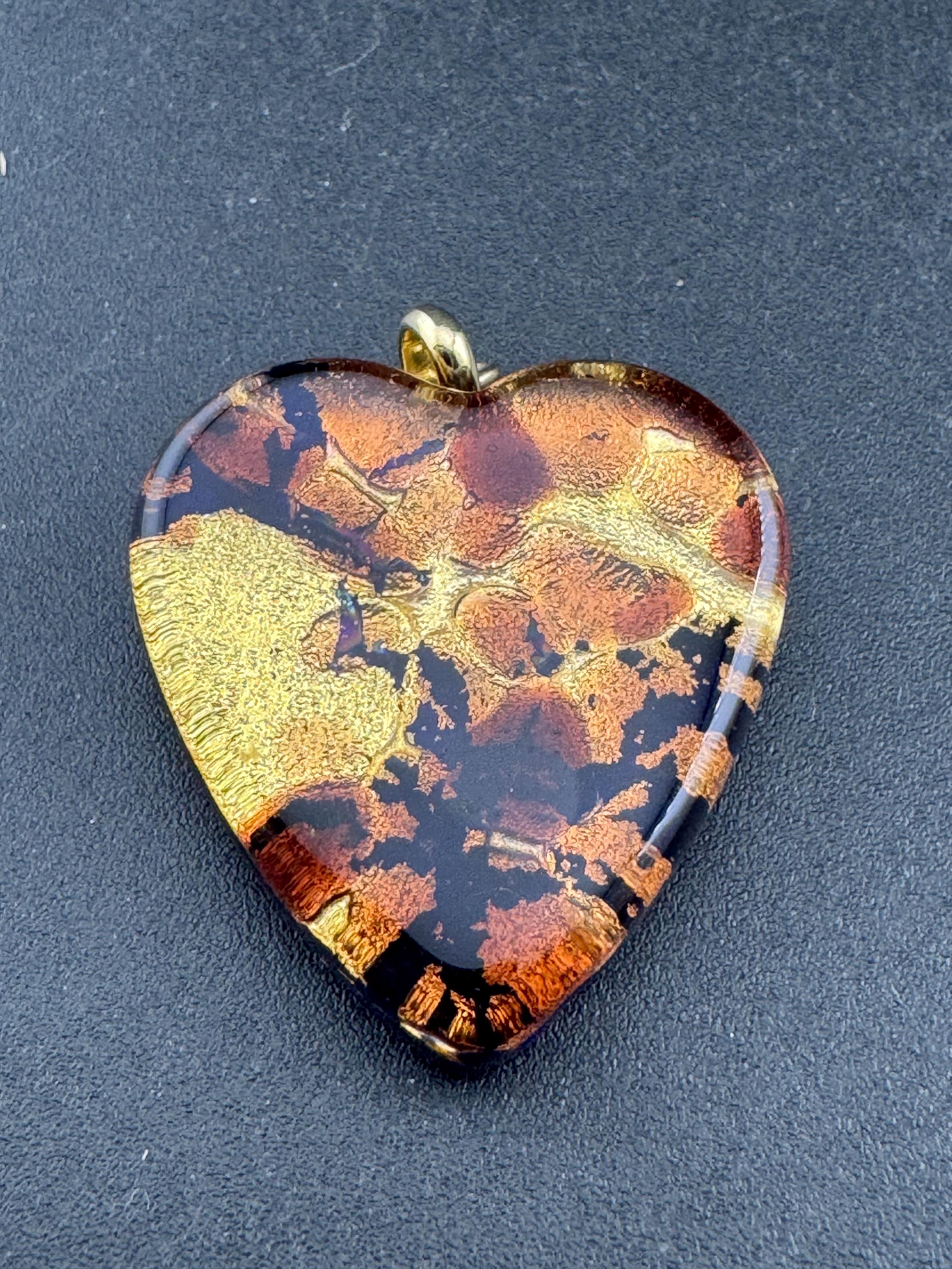 Vintage signed Murano glass brown gold and purple love heart glass pendant