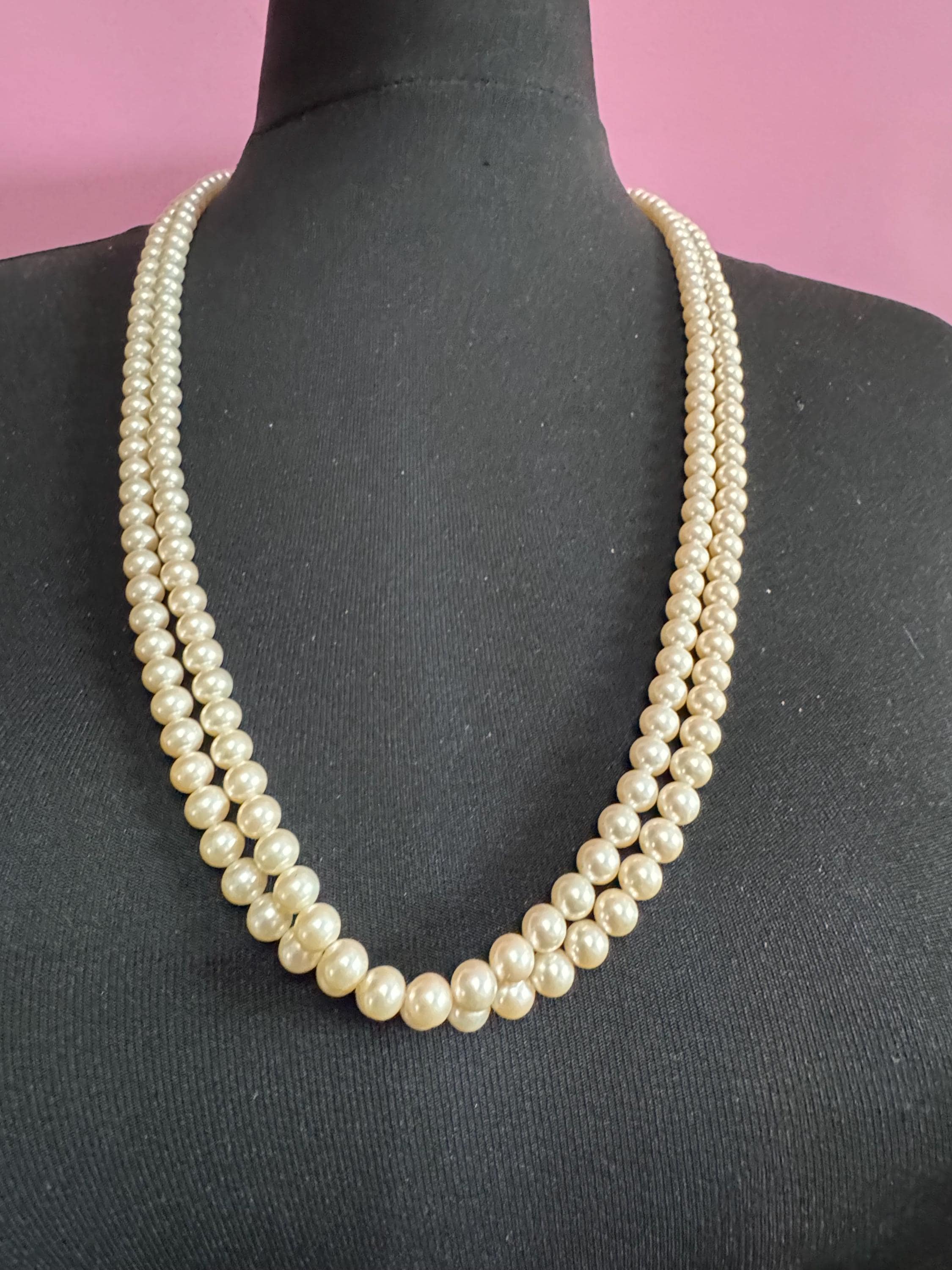 High end vintage 2 row double strand glass Pearl necklace cream 75cm gold tone ornate sapphire diamanté clasp