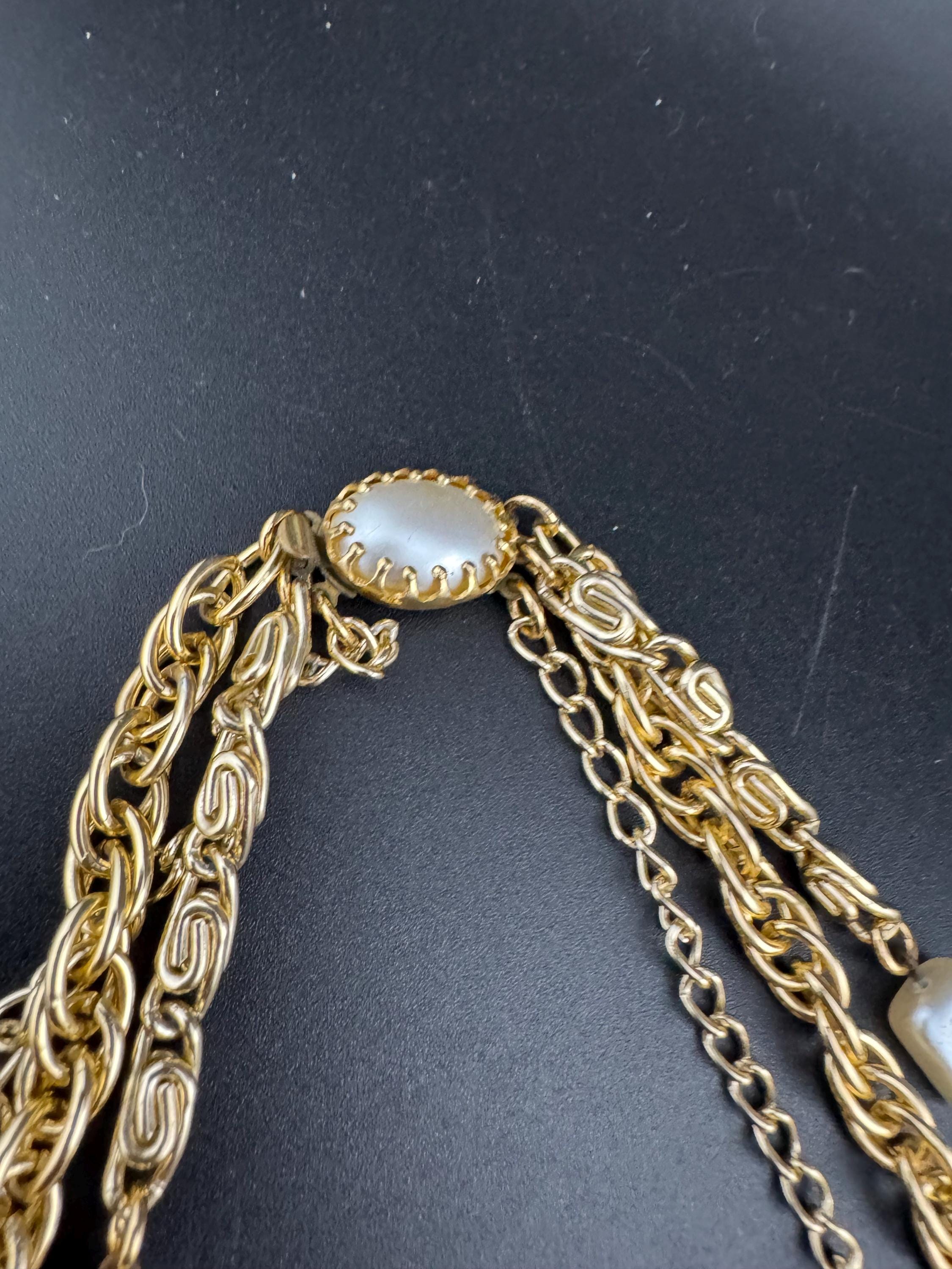 Vintage gold tone chain 3 row multi strand cream glass pearl beaded choker waterfall layering necklace