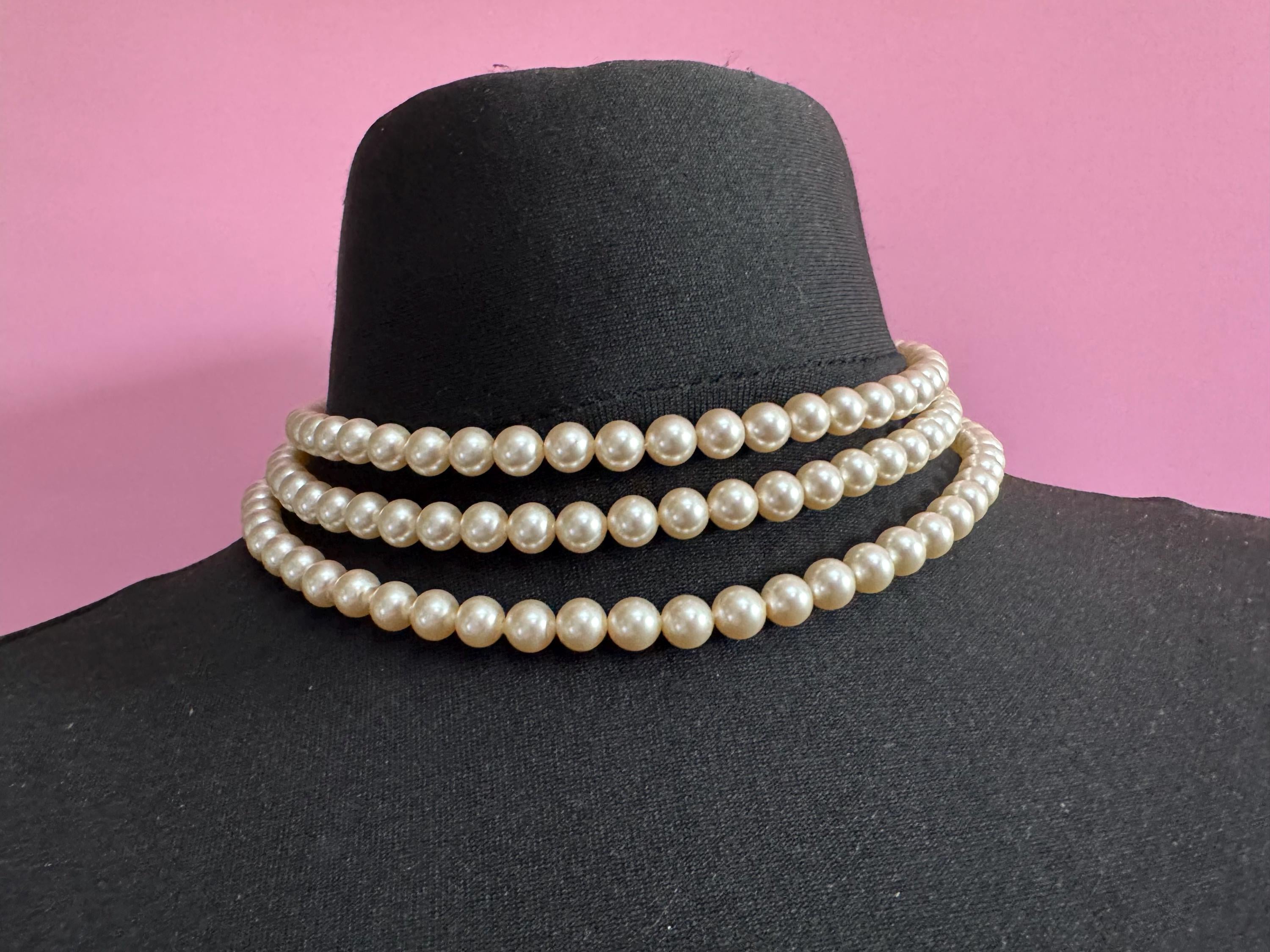 Vintage Triple 3 strand row faux glass pearl long Multistrand necklace , ornate clear rhinestone clasp