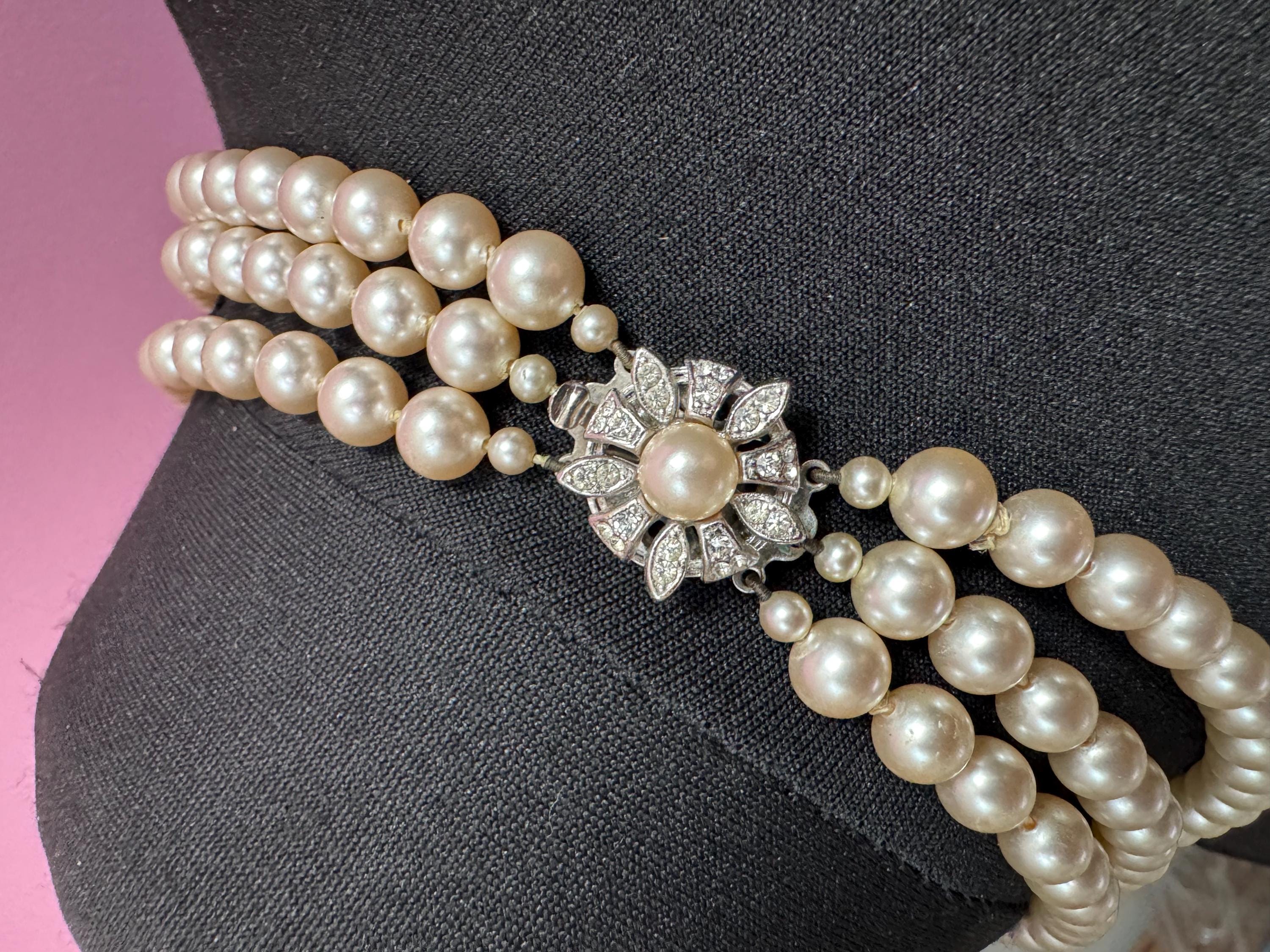 Vintage Triple 3 strand row faux glass pearl long Multistrand necklace , ornate clear rhinestone clasp