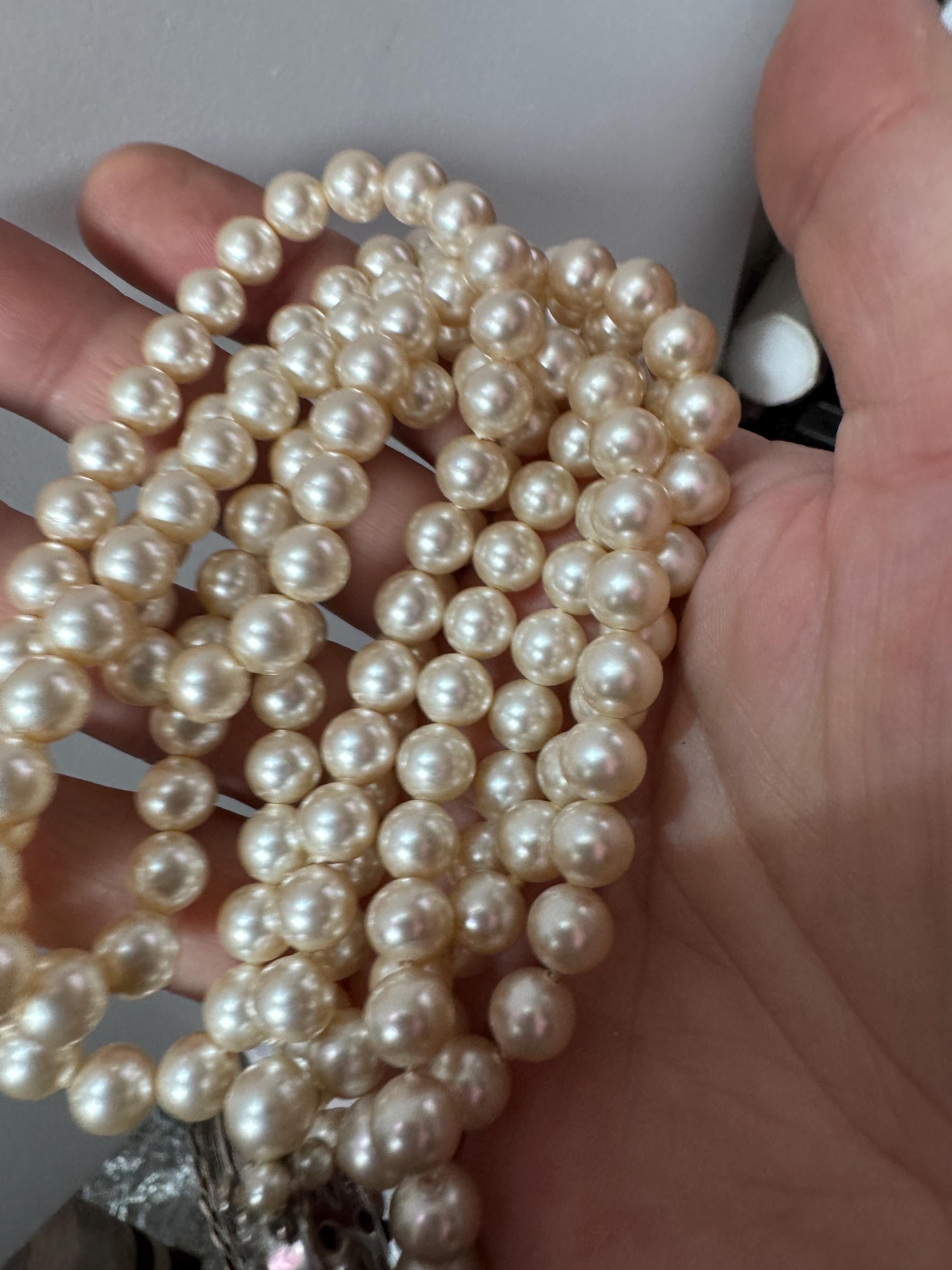 Vintage Triple 3 strand row faux glass pearl long Multistrand necklace , ornate clear rhinestone clasp
