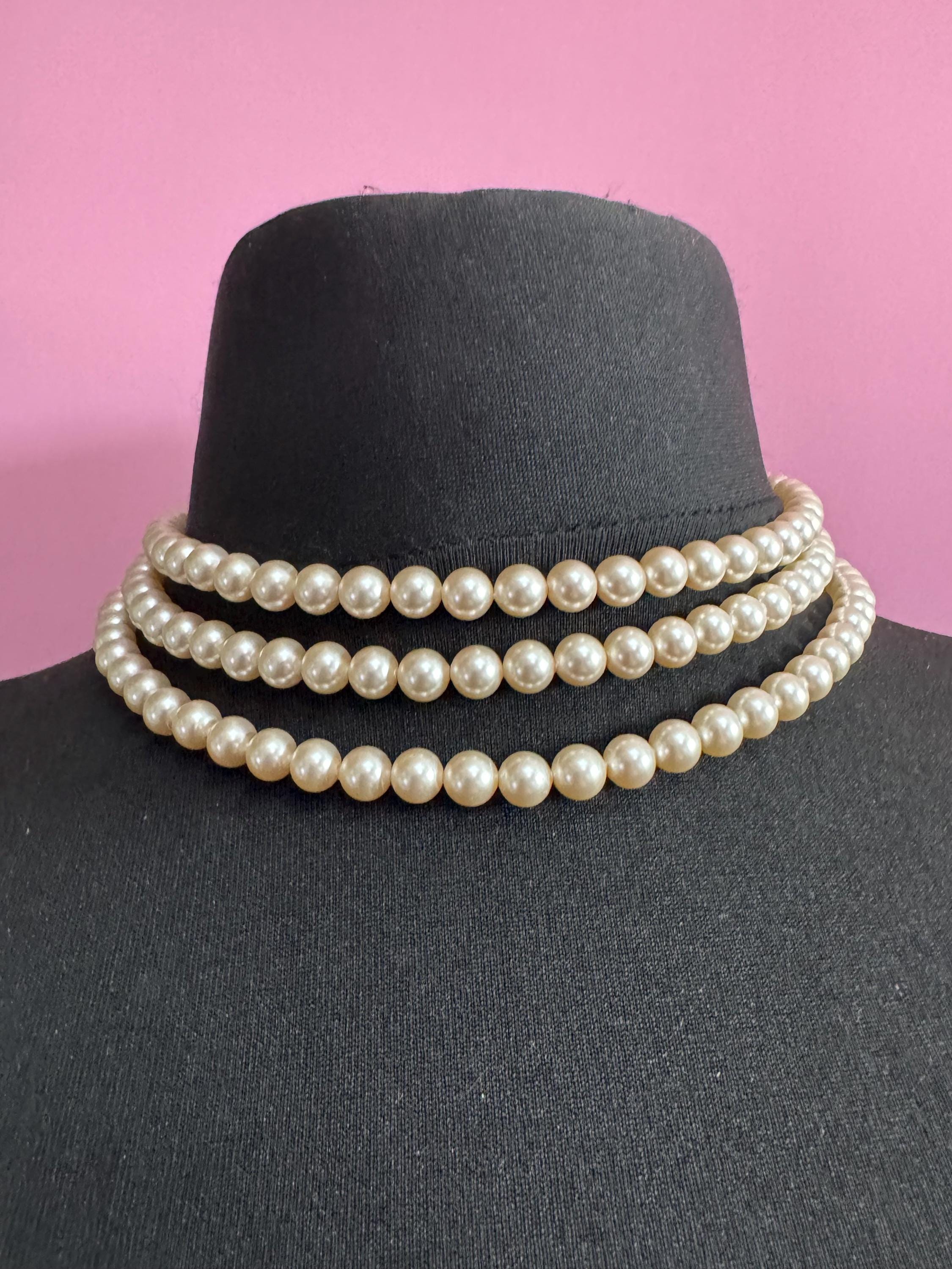 Vintage Triple 3 strand row faux glass pearl long Multistrand necklace , ornate clear rhinestone clasp