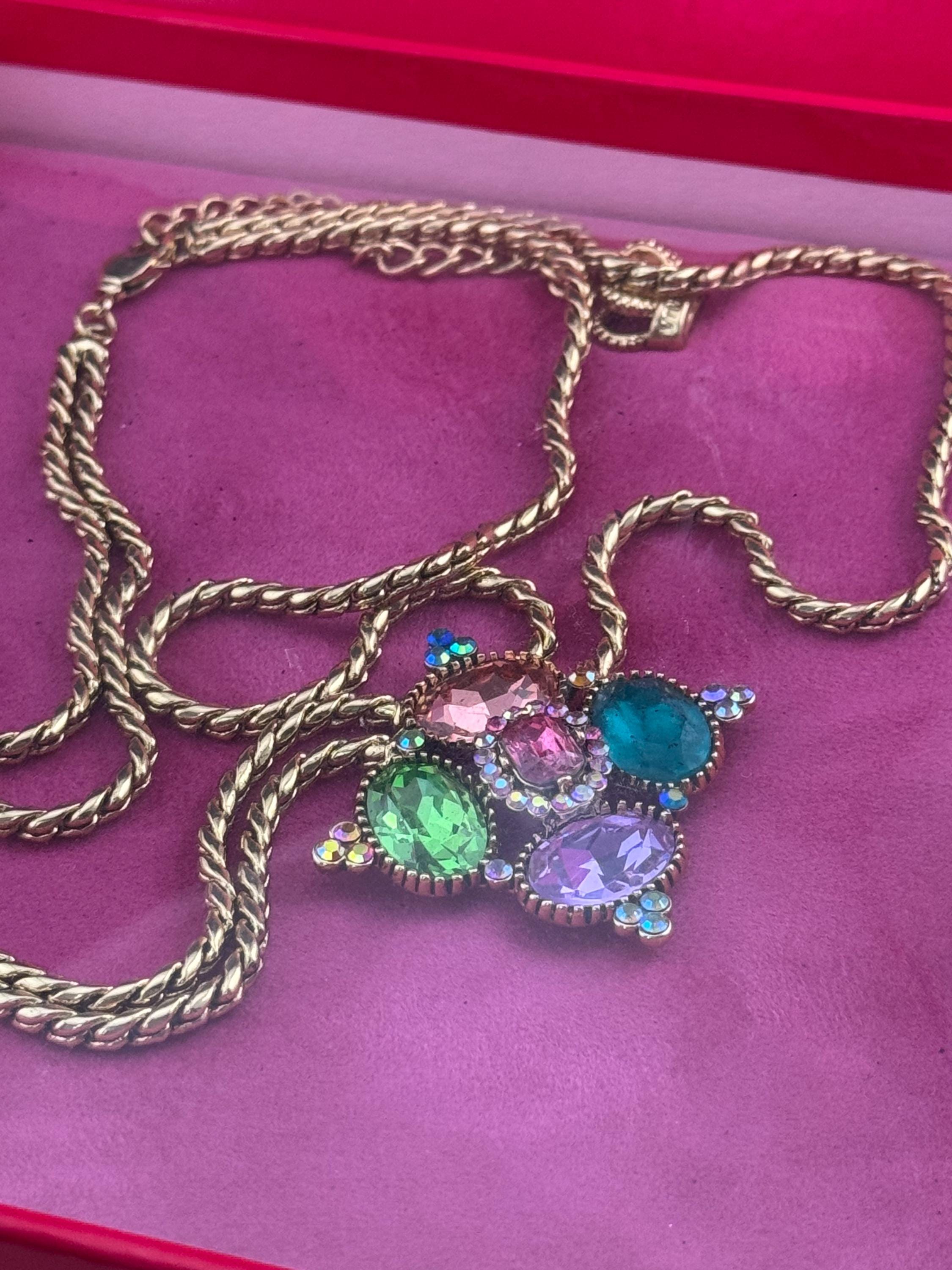 Signed sealed boxed B&W butler and Wilson medieval style rhinestone gold plated double chain pendant necklace with blue green pink crystals