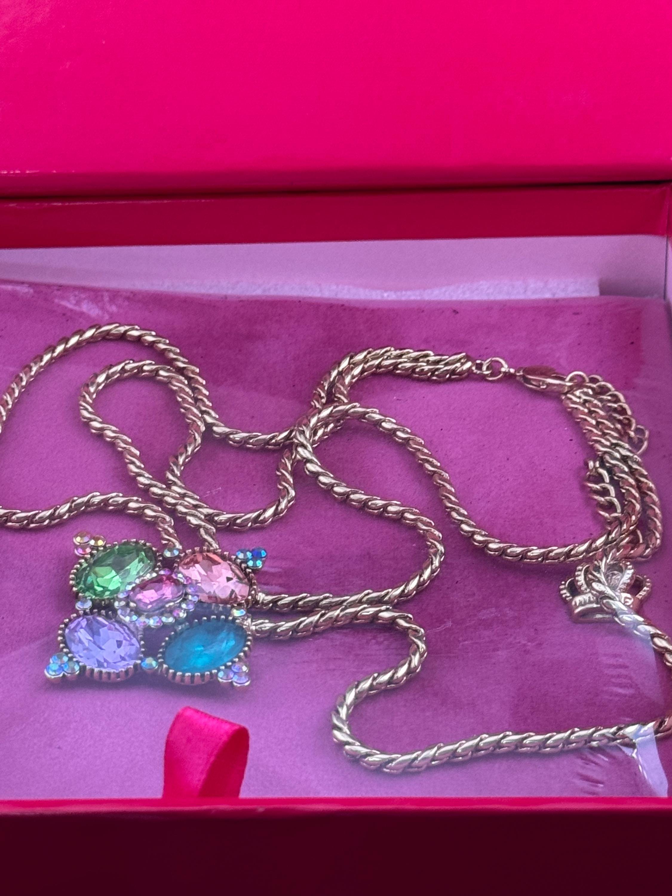 Signed sealed boxed B&W butler and Wilson medieval style rhinestone gold plated double chain pendant necklace with blue green pink crystals