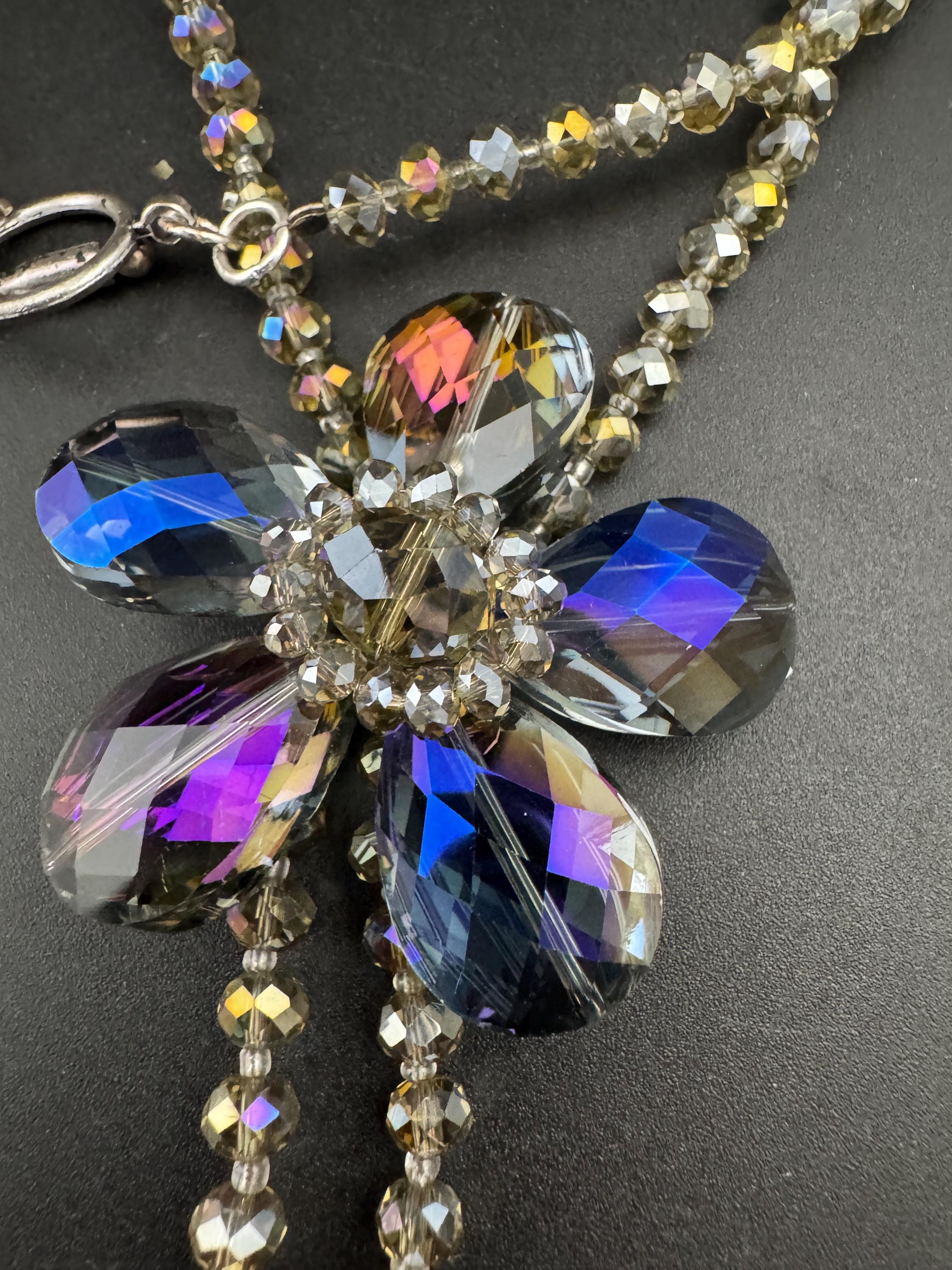 Oversized purple rainbow glass greay faceted beaded long floral drop necklace 67cm