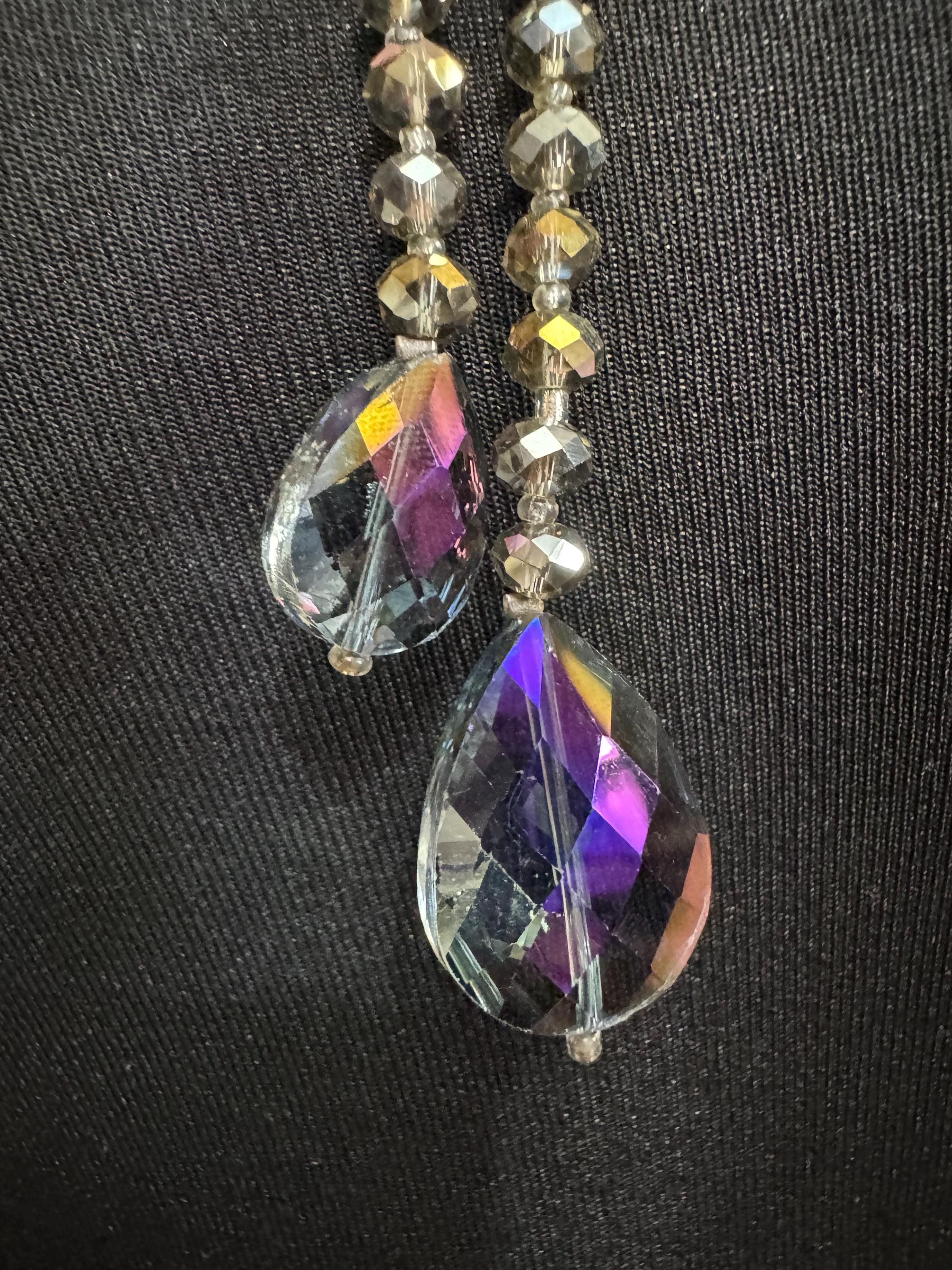 Oversized purple rainbow glass greay faceted beaded long floral drop necklace 67cm