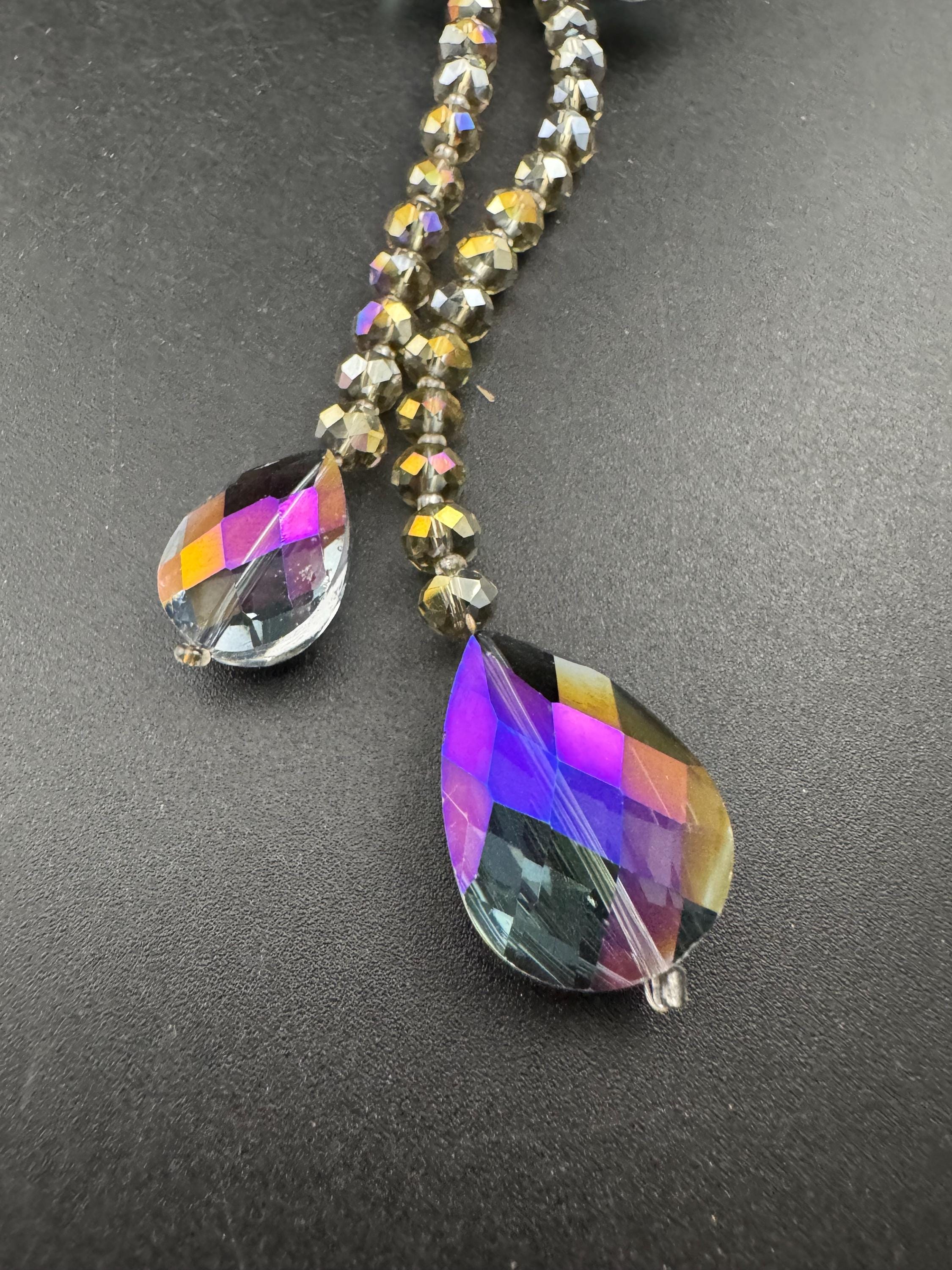 Oversized purple rainbow glass greay faceted beaded long floral drop necklace 67cm