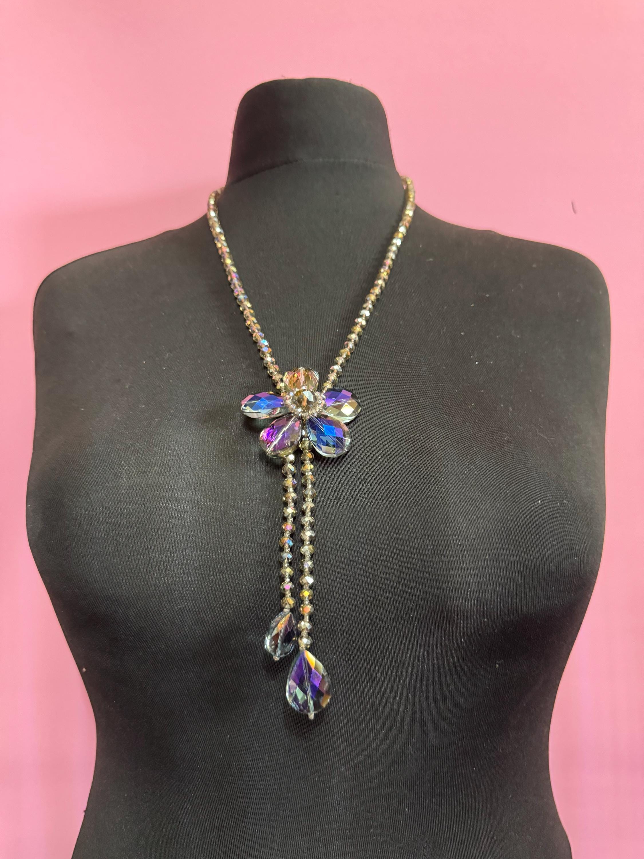 Oversized purple rainbow glass greay faceted beaded long floral drop necklace 67cm