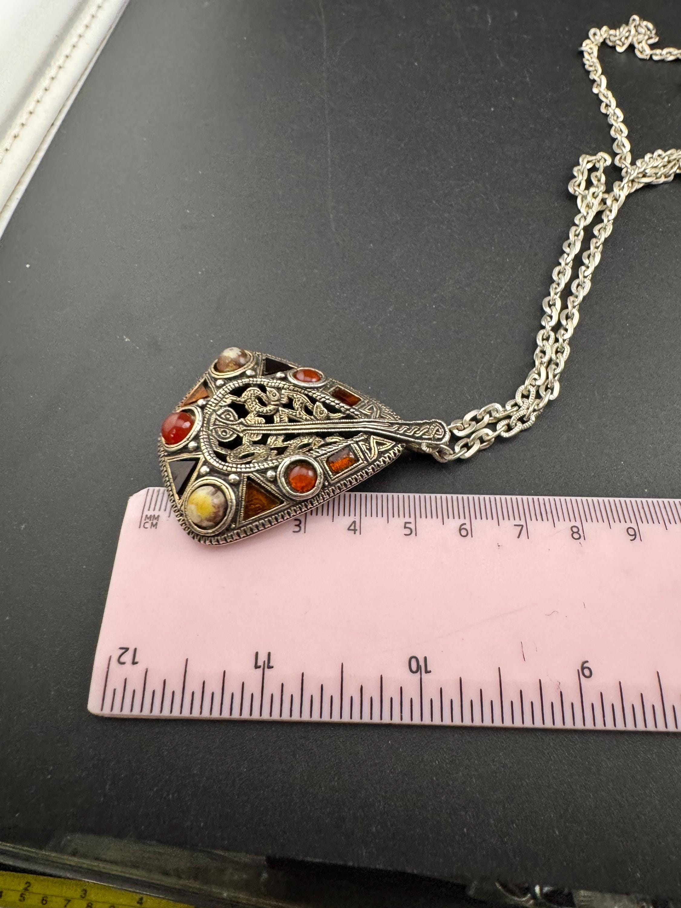 Signed Miracle snake pendant, vintage orange brown cabochons Scottish Celtic necklace silver tone