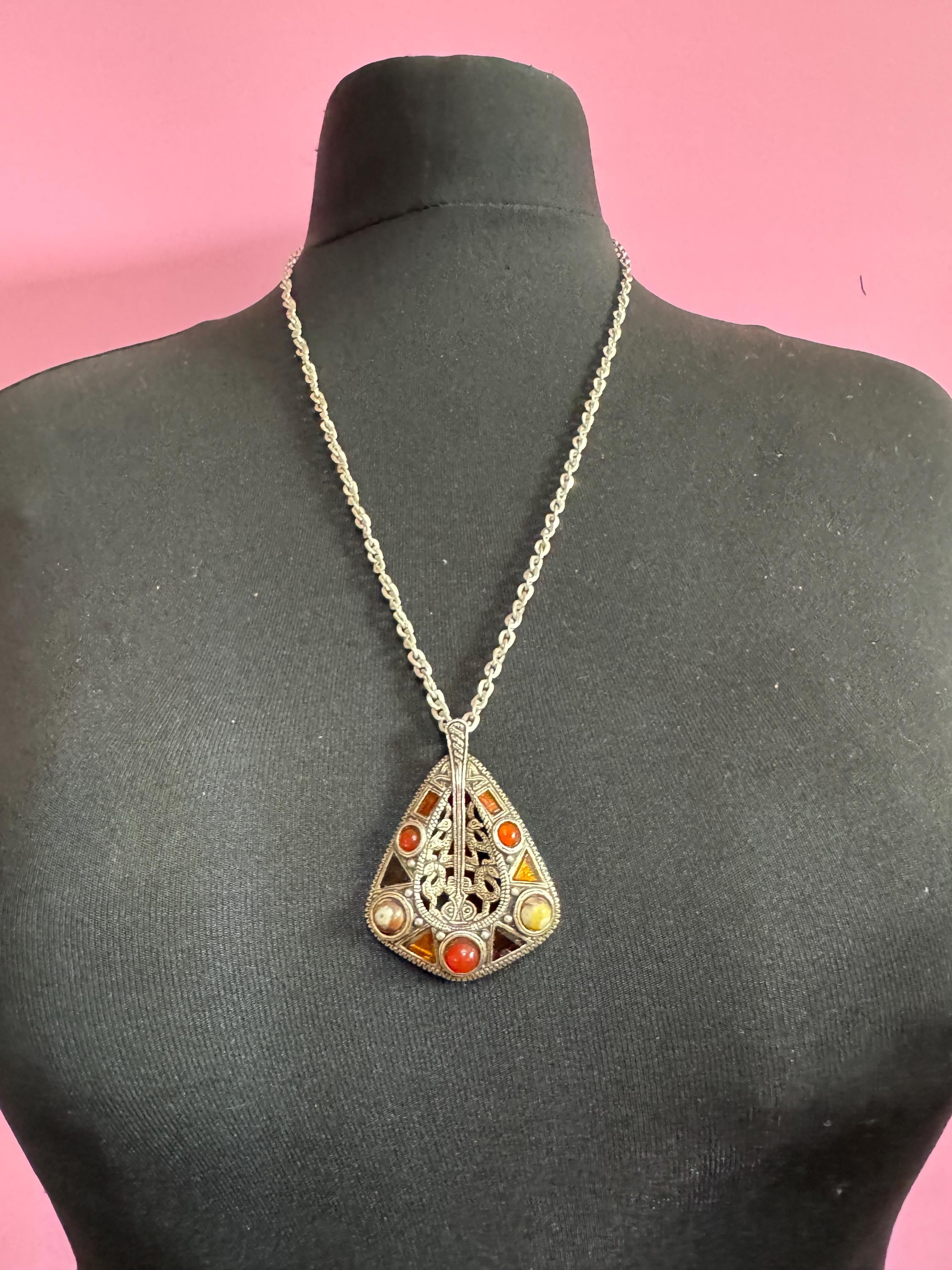 Signed Miracle snake pendant, vintage orange brown cabochons Scottish Celtic necklace silver tone