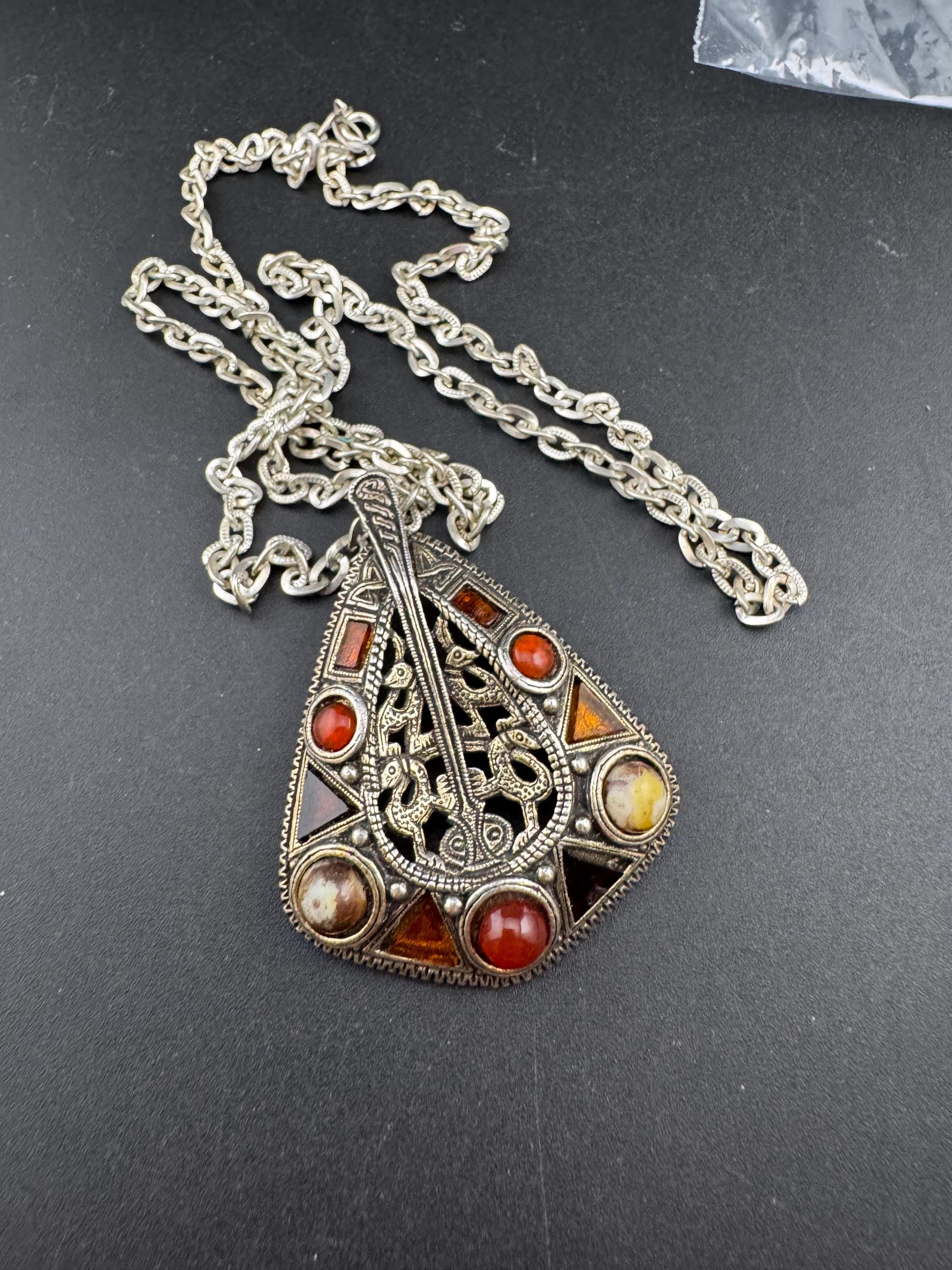 Signed Miracle snake pendant, vintage orange brown cabochons Scottish Celtic necklace silver tone