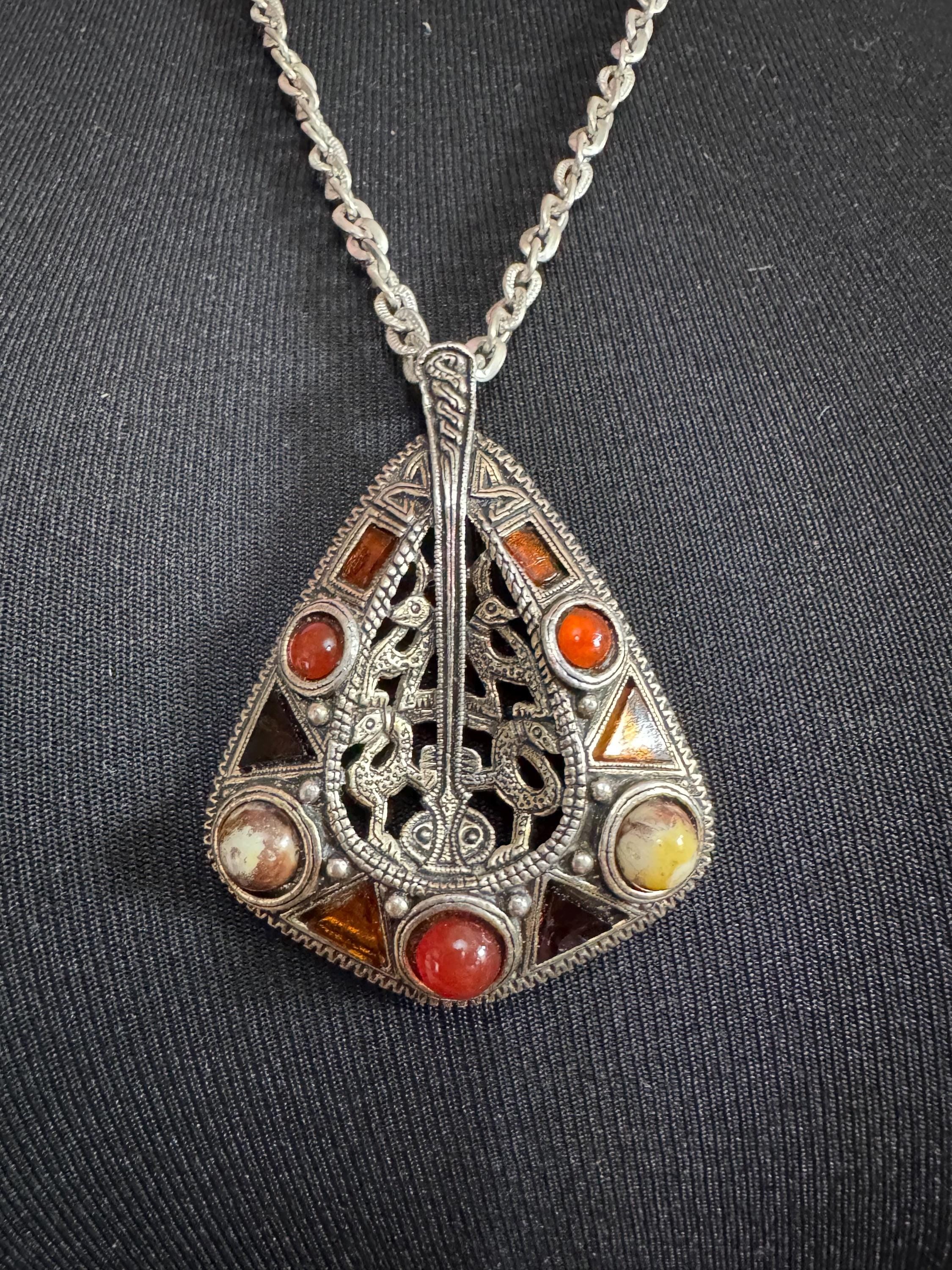 Signed Miracle snake pendant, vintage orange brown cabochons Scottish Celtic necklace silver tone