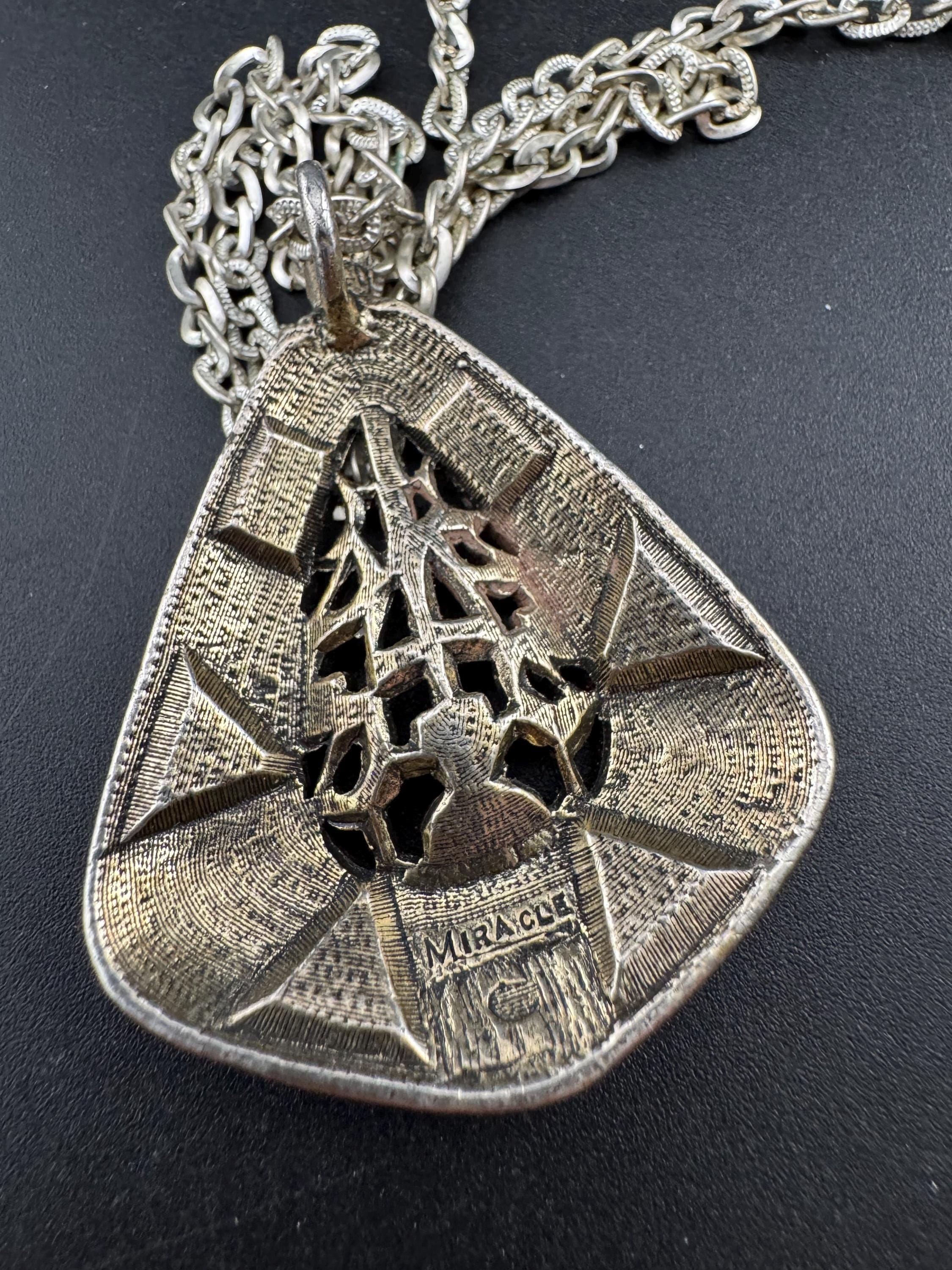 Signed Miracle snake pendant, vintage orange brown cabochons Scottish Celtic necklace silver tone