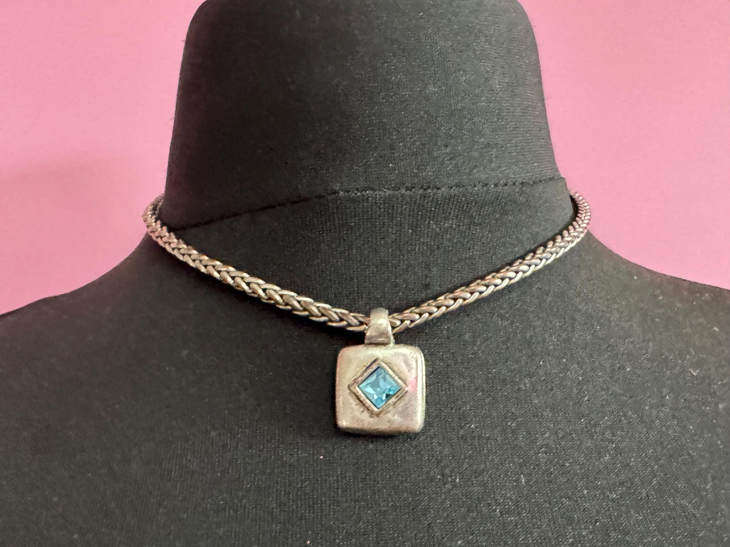 Signed hultquist Copenhagen Retro modernist dark silver tone wheat chain with turquoise square Crystal pendant necklace 42cm